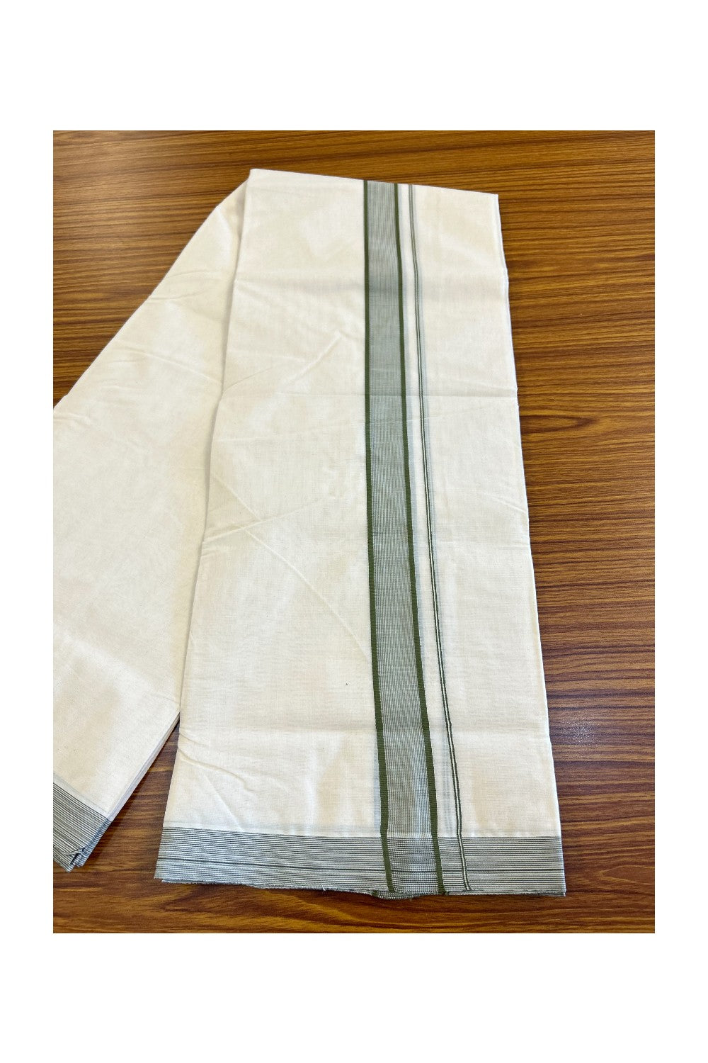 37% DISCOUNT! KaithariKada Balaramapuram 100% Cotton Double Off white Mundu/Dhoti-100x100 LIGHT SAGE GREEN 2 inch  Stripes Kara- 9KK417ASH