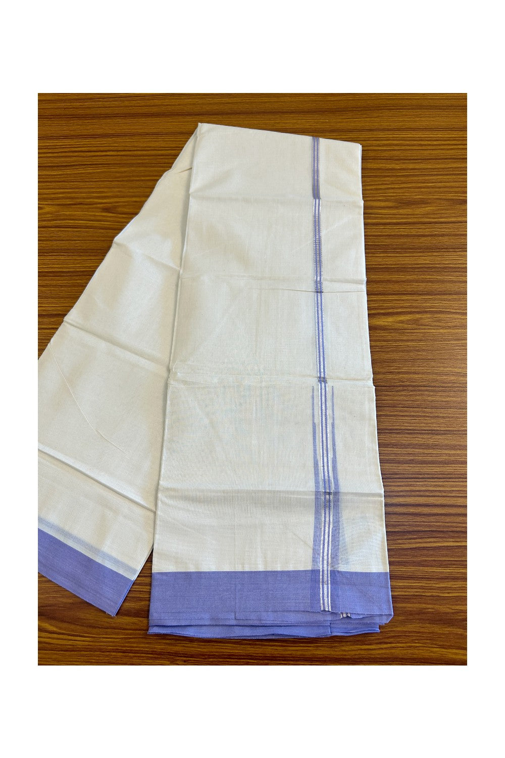 15% DISCOUNT ! KaithariKada Balaramapuram 100%  Cotton off white (Unbleached) Double  Mundu/Dhoti - 100X100  Puliyilakkara Silver kasavu Lavender striped chutty - 9KK447VIN