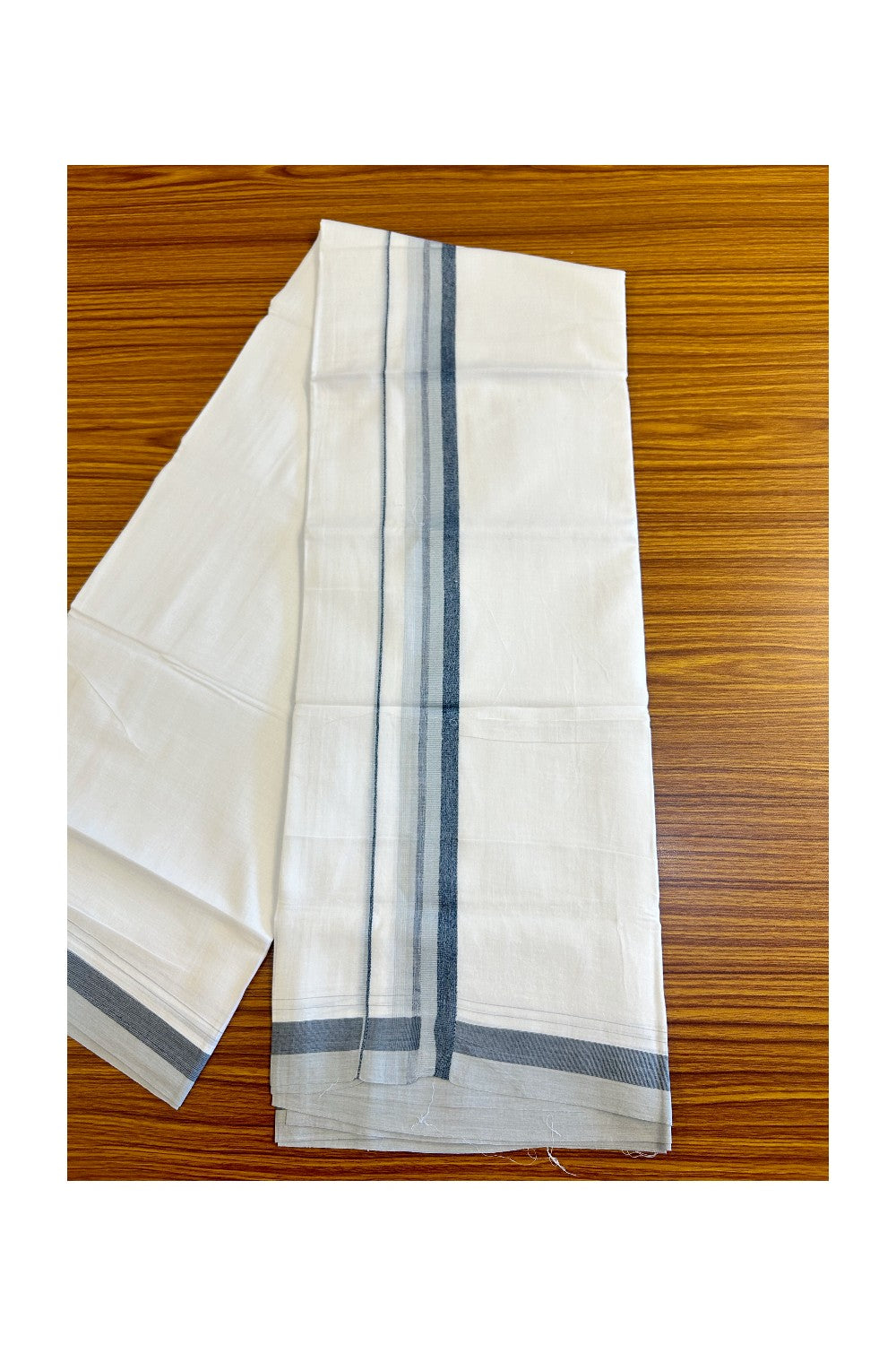 26% DISCOUNT!!! KaithariKada Balaramapuram 100% Cotton PURE white Double Mundu/Dhoti-100x90   2.25 Inch Ash Gray & Navy Blue shaded stripes kara  - 9KK448VIN