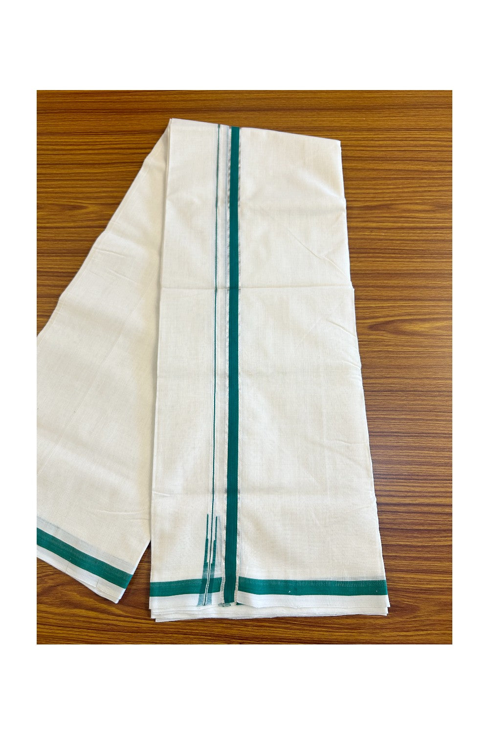 15% Discount!!! KaithariKada HANDLOOM UNAKKUPAAV Balaramapuram - 100% PURE Cotton off white (Unbleached) Double Mundu/Dhoti - 2 cm Silver kasavu & green puliyilakkara chutty - 9KK458SOM