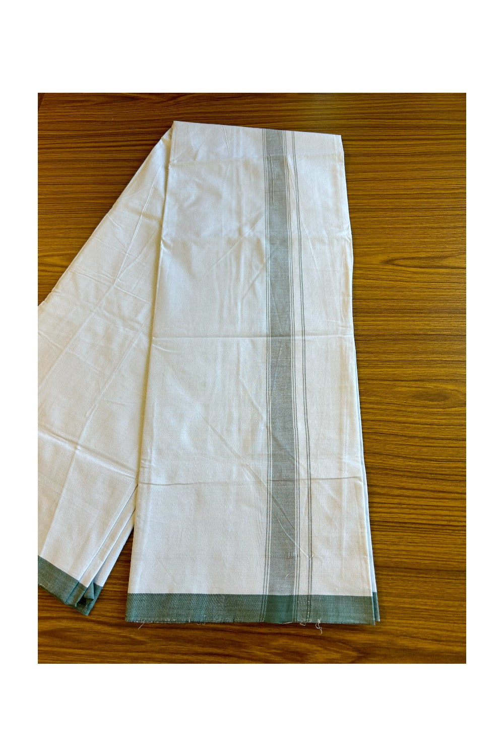 Ultimate HANDLOOM-19% Discount! - Kaitharikada Kalamachal-Government Sealed HALLMARKED-100% PURE COTTON! (80x80) Twisted Thread- Light WHITE SINGLE Mundu / Dhoti - 2inch Light Green Striped Kara - 9KK478KAL