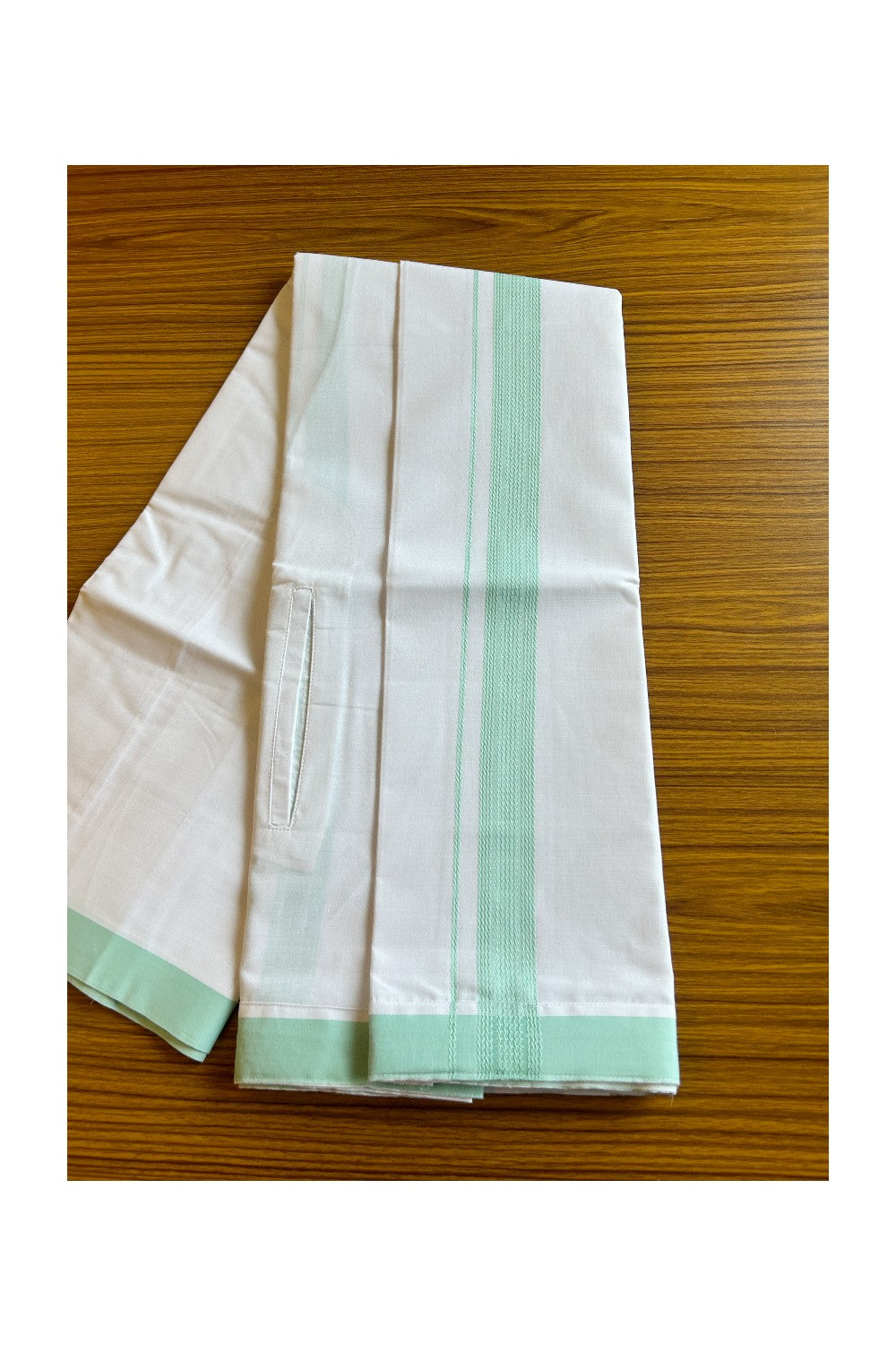 KaithariKada Balaramapuram  COTTON SINGLE PURE WHITE VELCRO Mundu/Dhoti  - 1.5inch Pista Green kara - 9KK485SRI