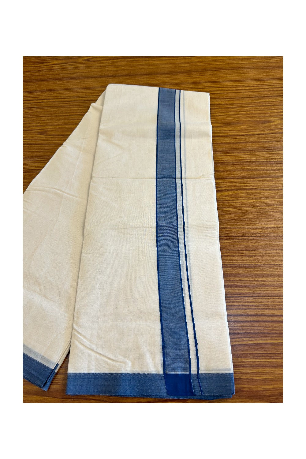 10% Discount KaithariKada Balaramapuram 100% Cotton Double Off white Mundu/Dhoti-100x100 2  inch Navy blue Kara - 9KK500KK