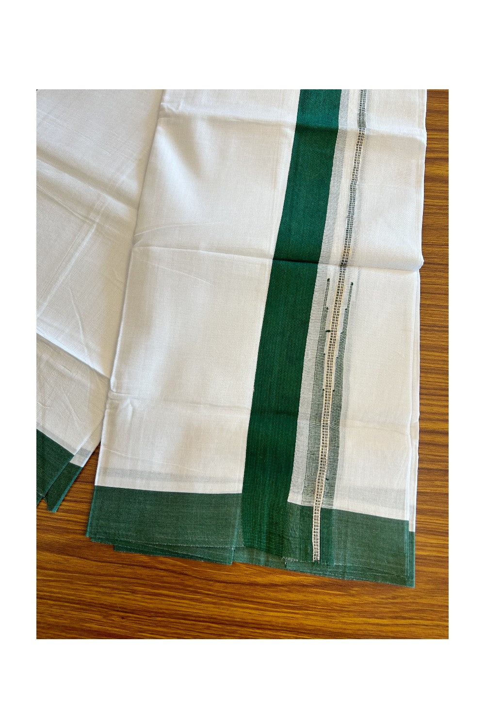 Kaitharikada  Balaramapuram 100% Pure Cotton PURE WHITE Double Mundu/Dothi - 80x92 - 1.5 Inch Dark Green & Silver Chutty kara - 9KK5022VAN