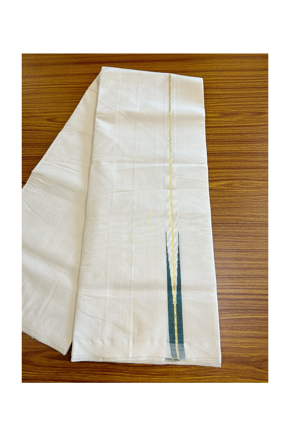 8% DISCOUNT!! KaithariKada HANDLOOM Millpaav Balaramapuram - 100% PURE Cotton OFF White - (Unbleached) Double Mundu/Dothi - 2 cm puliyilakkara Kasavu & Dark green chutty - 9KK5029RAM