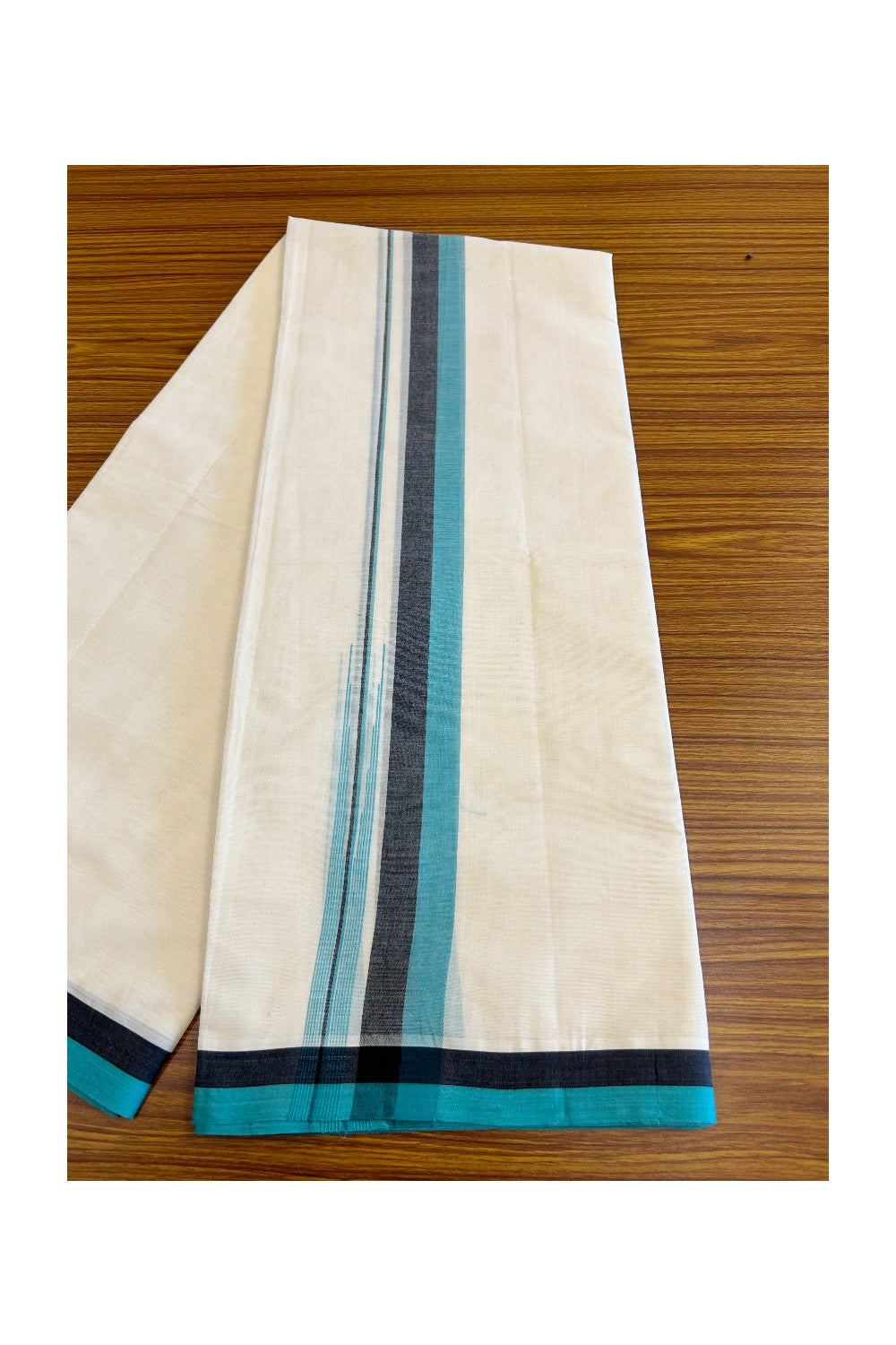 5% Discount!!! KaithariKada Balaramapuram  Double Off white - (Unbleached) Mundu/Dhoti - 80X90 - 1.75 inch Black & Turquoise green shaded puliyilakkara striped chutty - 9KK5037KAI