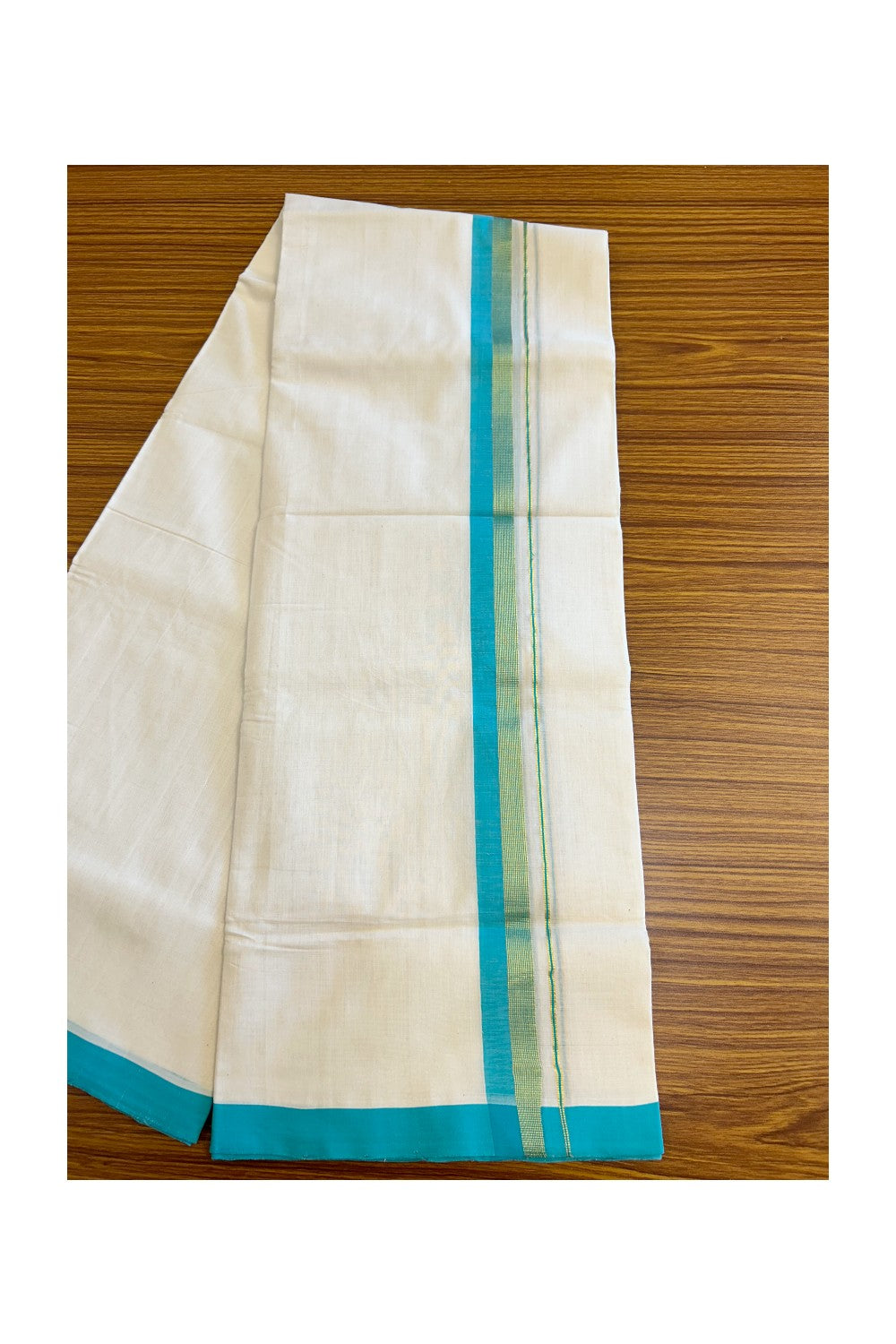 21% Discount KaithariKada HANDLOOM Unakkupaav Balaramapuram - 100% PURE Cotton Off White (Unbleached) Double Mundu/Dhoti -  1.75 inch Kasavu & Turquoise Blue-211