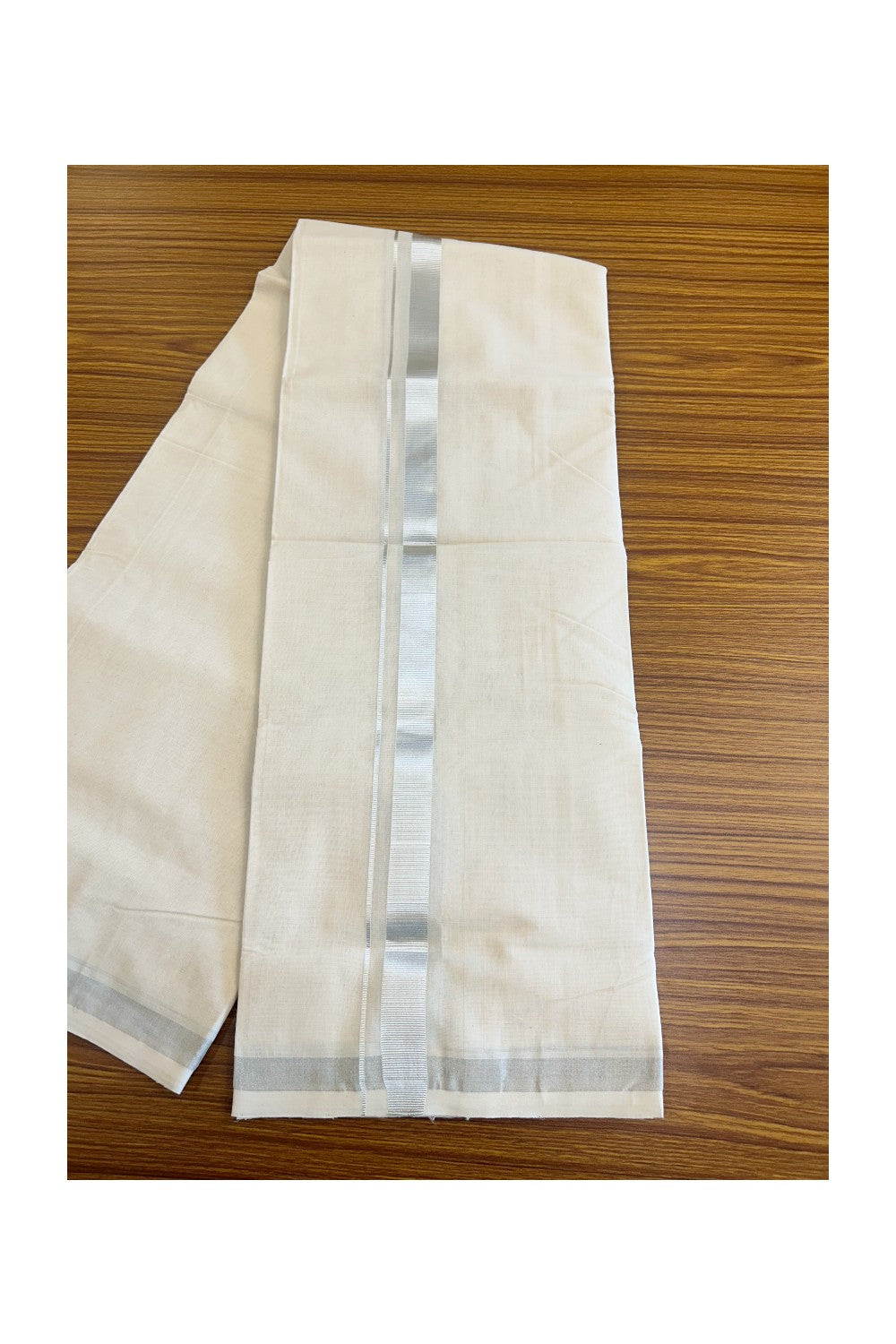 15% DISCOUNT! KaithariKada HANDLOOM unakkupaav Balaramapuram - 100% PURE Cotton Off White (Unbleached) -  Double Mundu/Dhoti - Silver Kasavu 1.5 inch Kara- 14