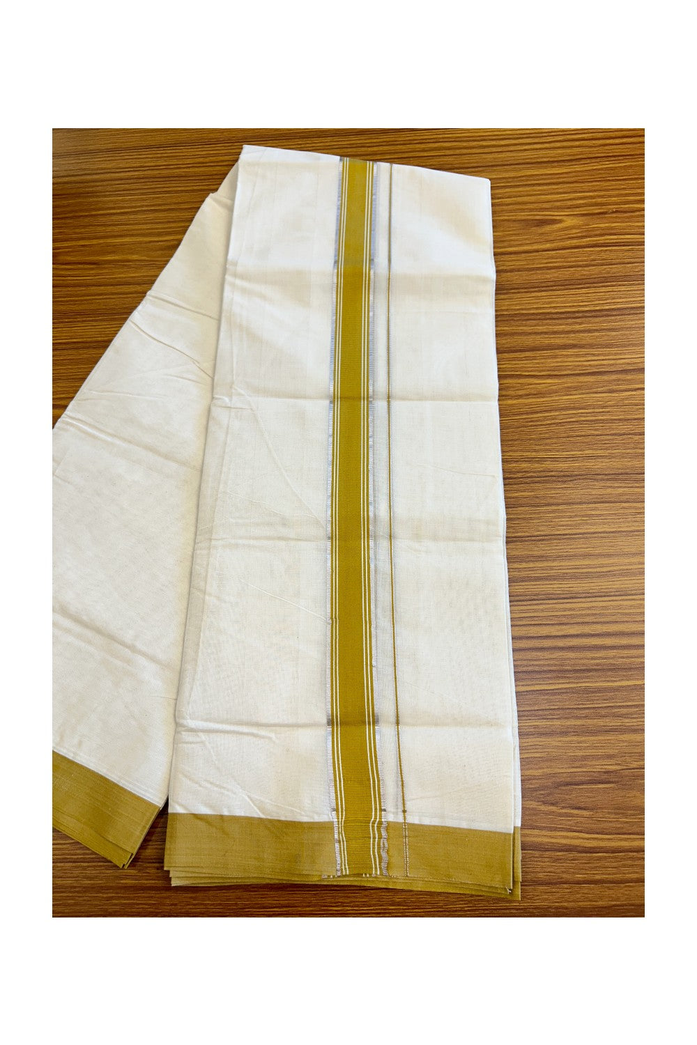 35% Discount !! KaithariKada Balaramapuram 100% Cotton Double Off white -(Unbleached) Mundu/Dhoti-100x100 - 2.25inch Silver Kasavu & Mustard Yellow Striped Kara- 9KK5045ASH