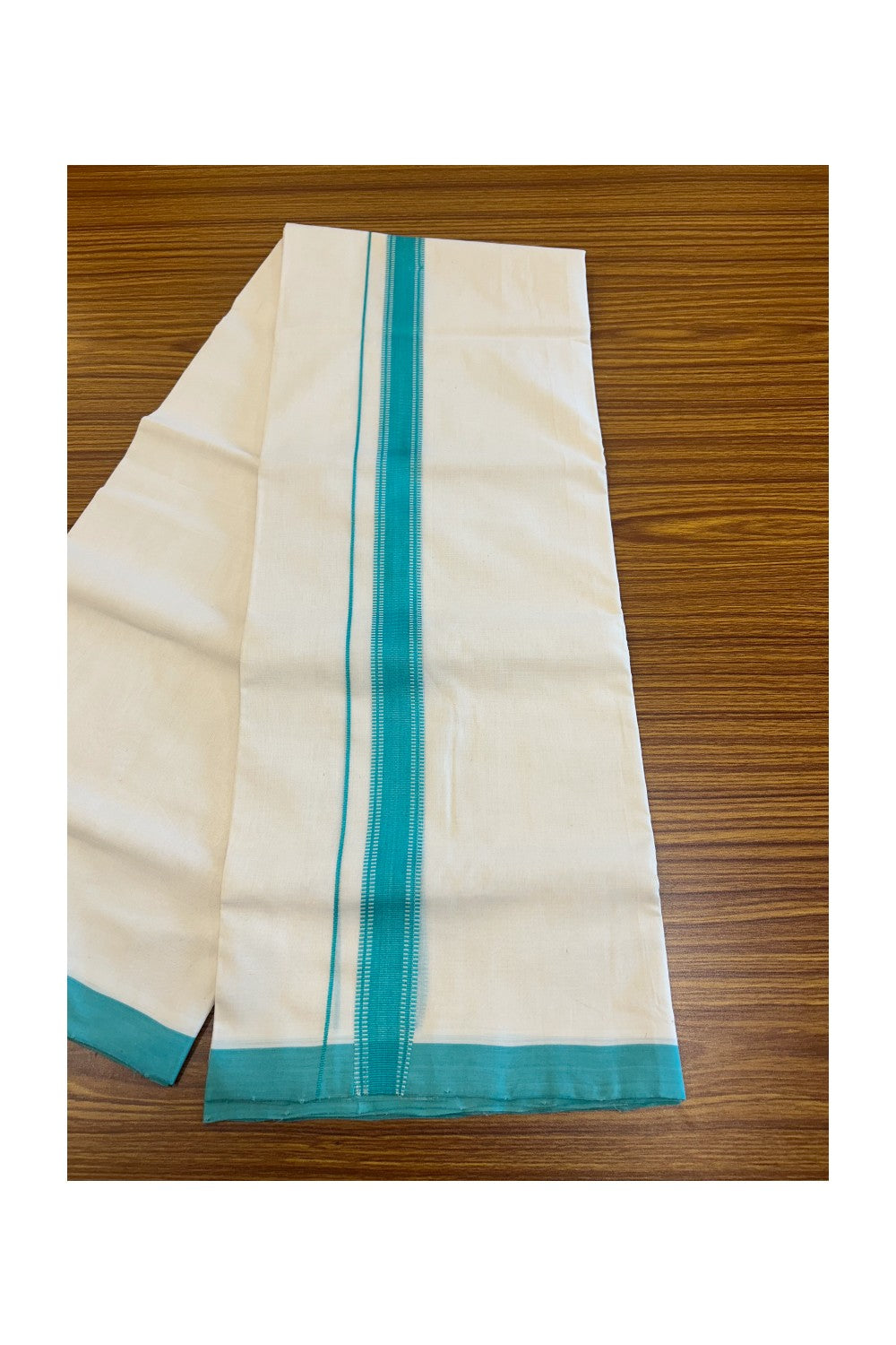 34% DISCOUNT!! KaithariKada HANDLOOM UNAKKUPAAV Balaramapuram - 100% PURE Cotton OFF White Double - (Unbleached) Mundu/Dothi - 1.75 inch Turquoise Design Kara - 9KK5049REA