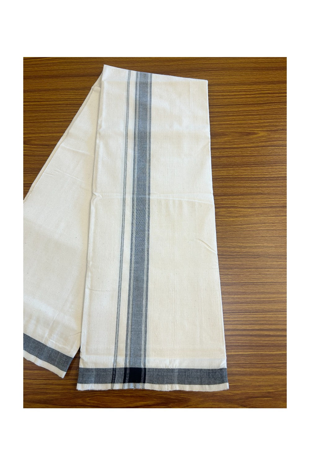 32% Discount KaithariKada 100% Cotton Balaramapuram HANDLOOM Single Mundu/Dhoti - Off White (Unbleached) 2 inch Black Kara Stripes-323