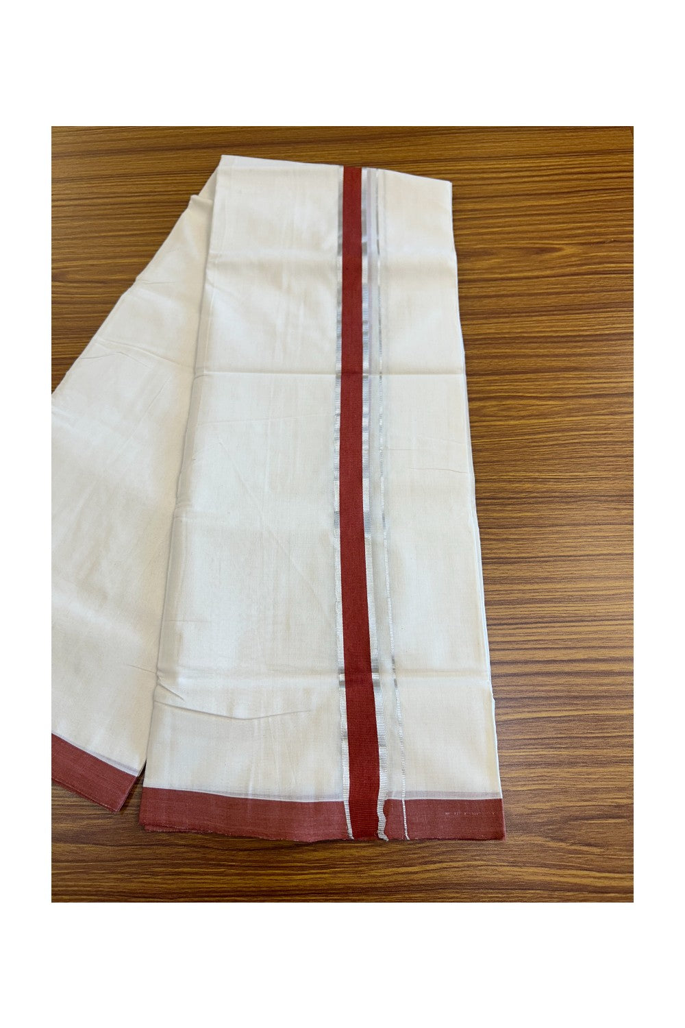 15% DISCOUNT! KaithariKada BALARAMAPURAM HANDLOOM UNAKKUPAAV - 100% PURE Cotton Off white (Unbleached) Double Mundu/Dhoti -  1.75inch Silver Kasavu & Brick Red Stripes Kara-69