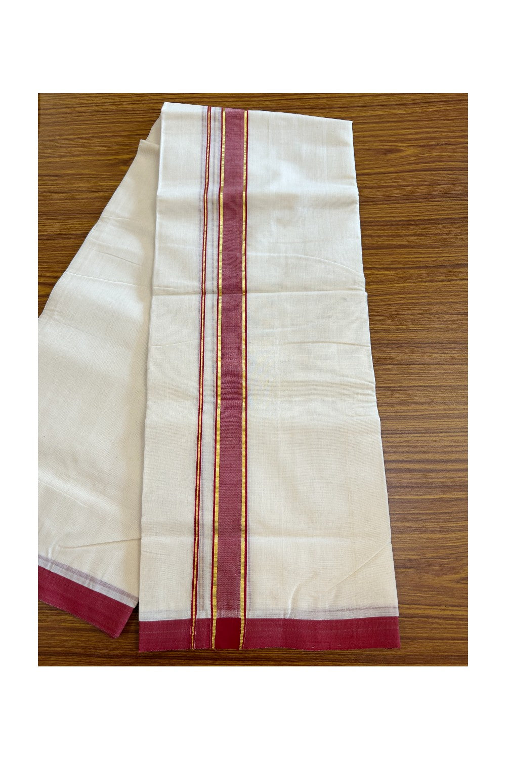 19% DISCOUNT!! KaithariKada HANDLOOM Millpaav Balaramapuram - 100% PURE Cotton OFF White - (Unbleached) Double Mundu/Dothi - 2 Inch Kasavu & Red striped Kara - 9KK5065KK