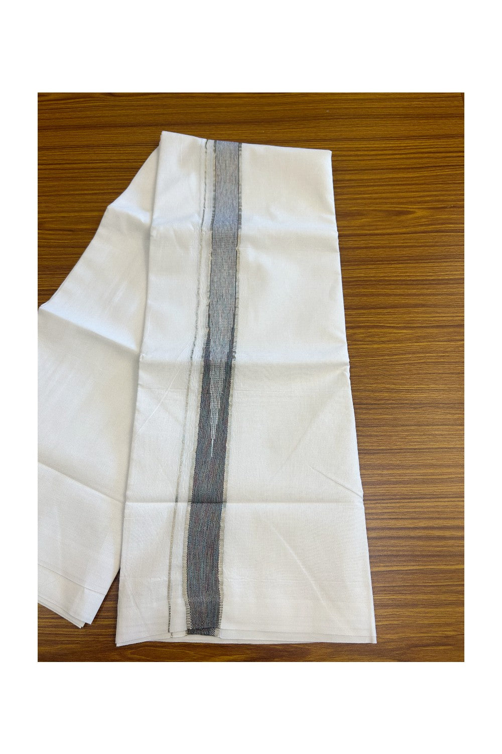 19% Discount!!! KaithariKada Balaramapuram  PURE WHITE Double Mundu/Dhoti - 80X90 - 2 inch Silver kasavu Multi colour  heavy chutty kara 3.75 meters - 9KK5058GUN