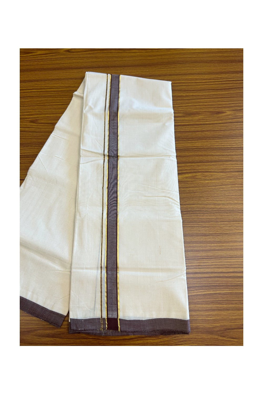 15% DISCOUNT! KaithariKada BALARAMAPURAM HANDLOOM Unakkupaav- 100% PURE Cotton 100x100 Double Mundu/Dhoti OFF WHITE (Unbleached) 3.8 mtr - Brown & Kasavu Kara