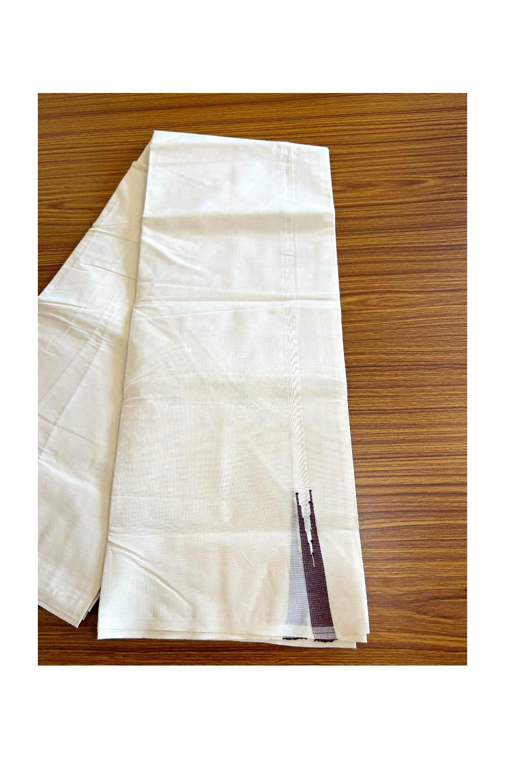 20% DISCOUNT!! KaithariKada Balaramapuram 100% Cotton Double off white (Unbleached) Mundu/Dhoti- 100x100 - 0.5 inch Brown Chutty - 9KK5063KK