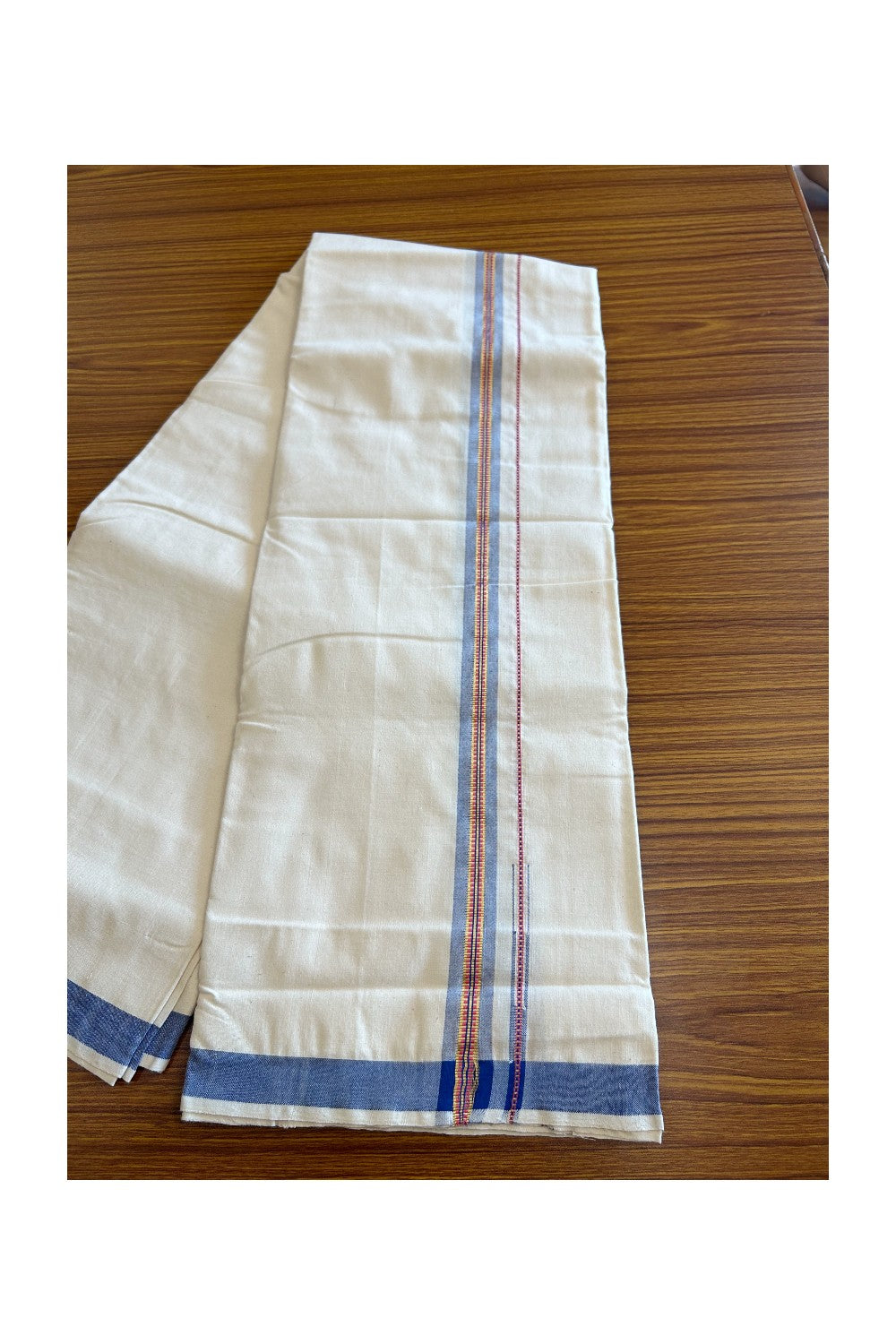 32% Discount ! KaithariKada 100% Cotton Balaramapuram HANDLOOM Single Mundu/Dhoti - Off White (Unbleached) 1.Inch (2 meter / 4 muzham) Blue & Red Stripes Kasavu Puliyilakkara Chutty- KAIHS001.