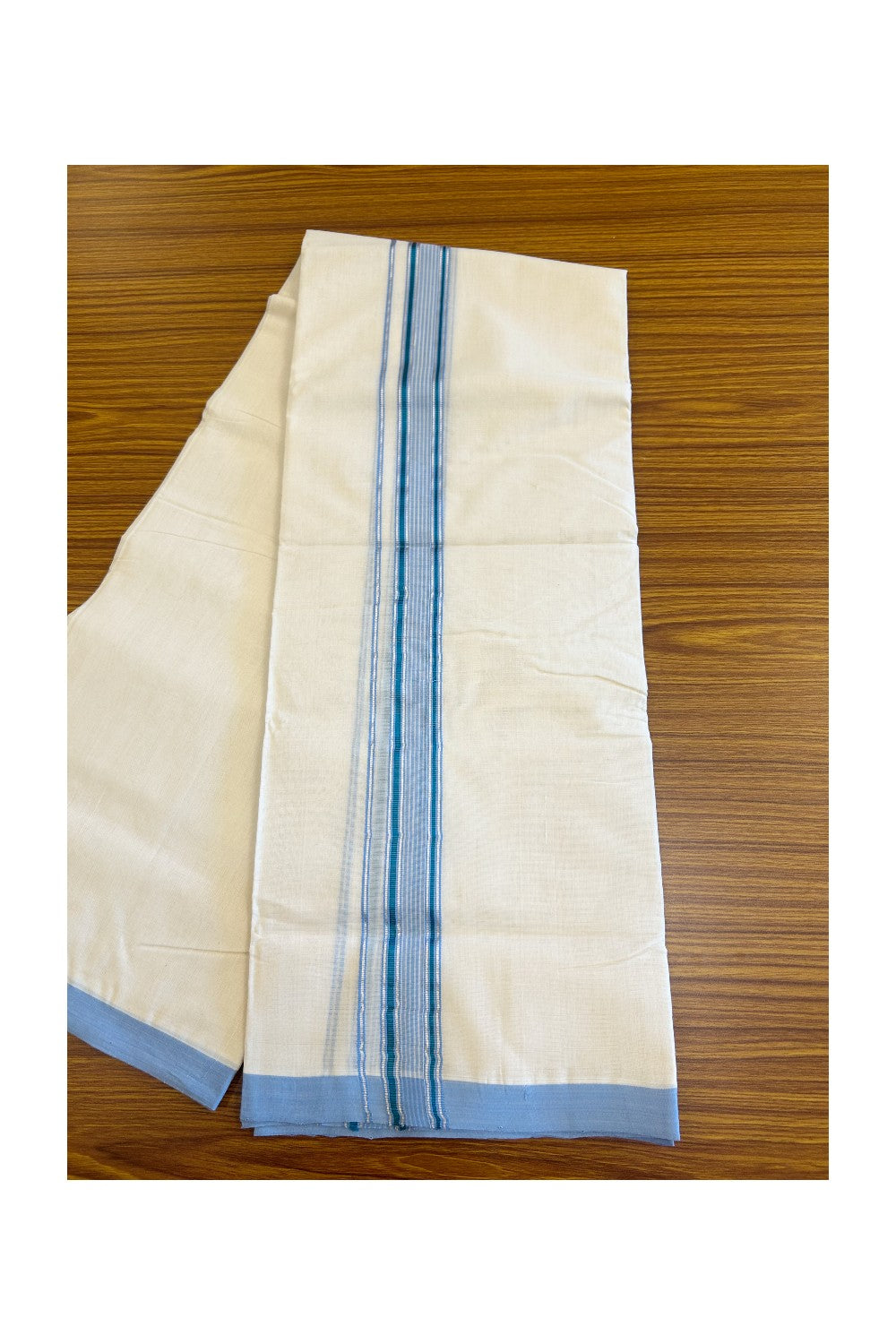 30% DISCOUNT!! KaithariKada HANDLOOM Millpaav Balaramapuram - 100% PURE Cotton OFF White - (Unbleached)  Double Mundu/Dothi - Silver Kasavu with White & blue Stripes-2KK56RAM