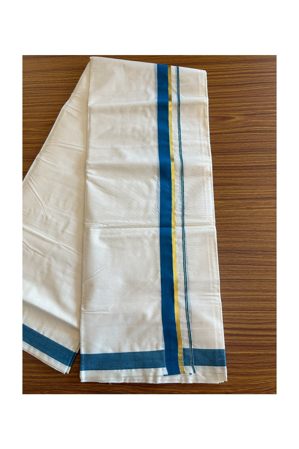 10% Discount! KaithariKada Balaramapuram 100% Cotton Off White - (Unbleached) Double Mundu/Dhoti-80x72 PEACOCK BLUE & KASAVU - 3KK57VIN