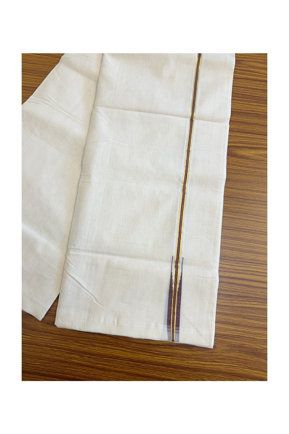 21% DISCOUNT!! KaithariKada HANDLOOM Unakkupaav Balaramapuram - 100% PURE Cotton OFF White (Unbleached) Double Mundu/Dothi - Kasavu Maroon Muthukkuri Puliyilakkara  Chutty  - 17KK114ASH