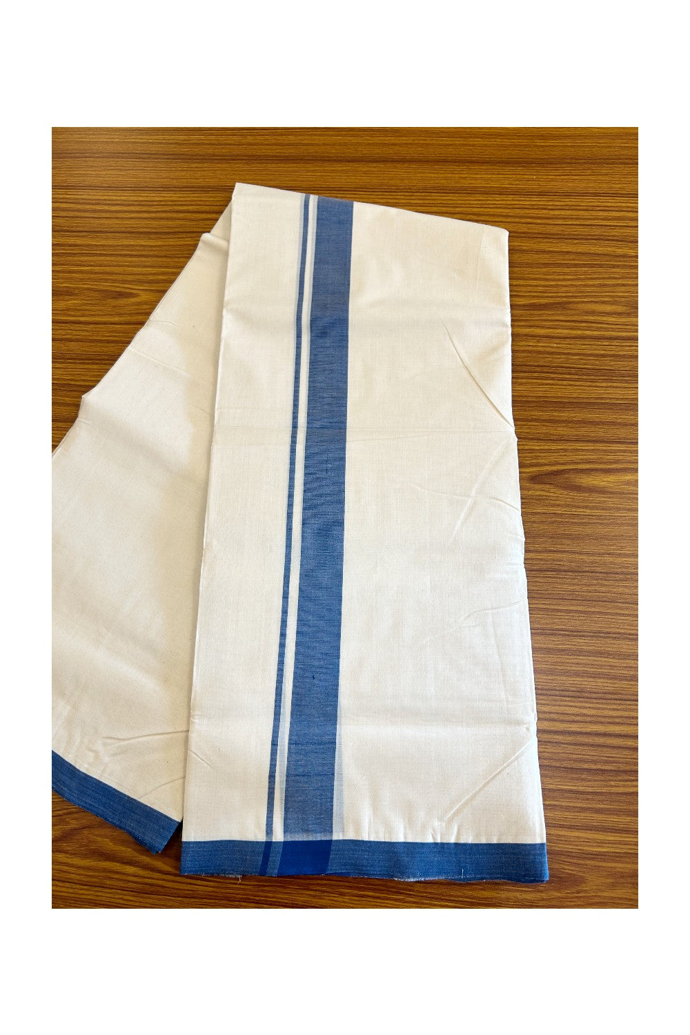 30% DISCOUNT!! KaithariKada HANDLOOM millpaav Balaramapuram - 100% PURE Cotton OFF White (Unbleached) Double Mundu/Dothi - 2 inch Blue Mulloth Kara 4.5 Meters (10 Muzham) - 33KK403RAM