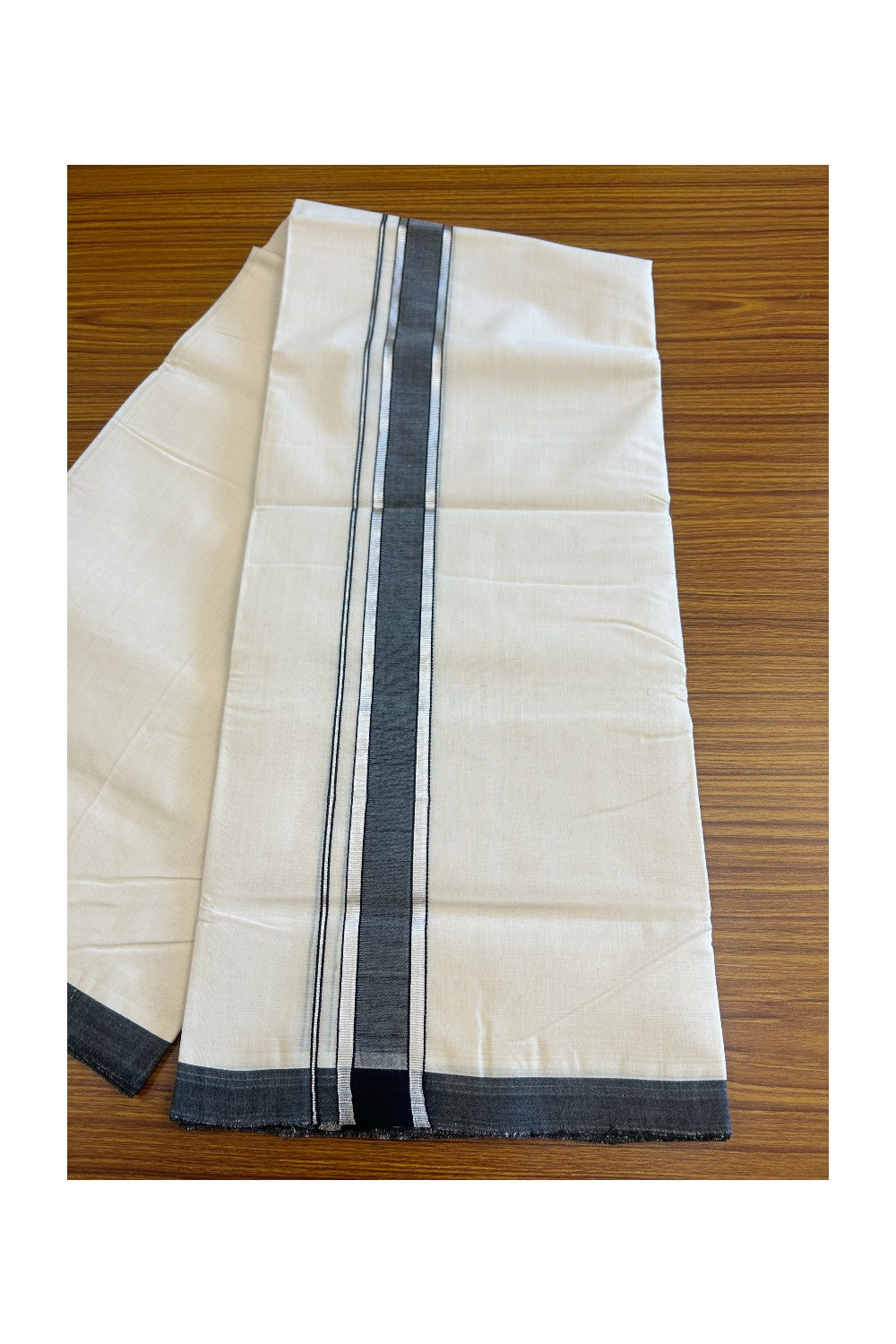 19% Discount !! KaithariKada HANDLOOM millpaav Balaramapuram - 100% PURE Cotton OFF White Double - (Unbleached)  Mundu/Dothi - 2.25  inch Silver kasavu & Black shaded kara 4.5 Meters (10 Muzham) - 9KK5081RAM