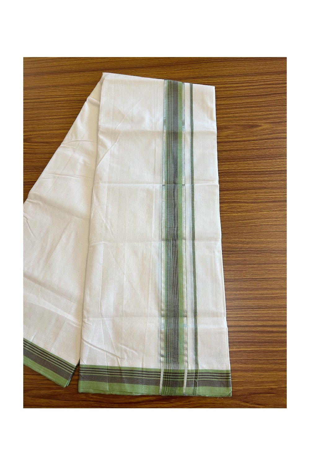 19% Discount !! KaithariKada HANDLOOM UNAKKUPAAV Balaramapuram - 100% PURE Cotton off white - (Unbleached) Double Mundu/Dhoti - 2.5 inch Silver kasavu Light Green & Maroon striped kara - 9KK5082RAM