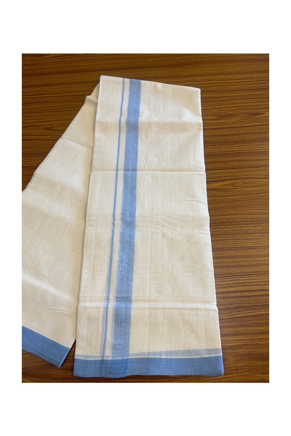 19% Discount!!! KaithariKada HANDLOOM UNAKKUPAAV Balaramapuram - 100% PURE Cotton off white (Unbleached) Double Mundu/Dhoti - 1.75 inch Sky Blue striped kara - 9KK5086UDY