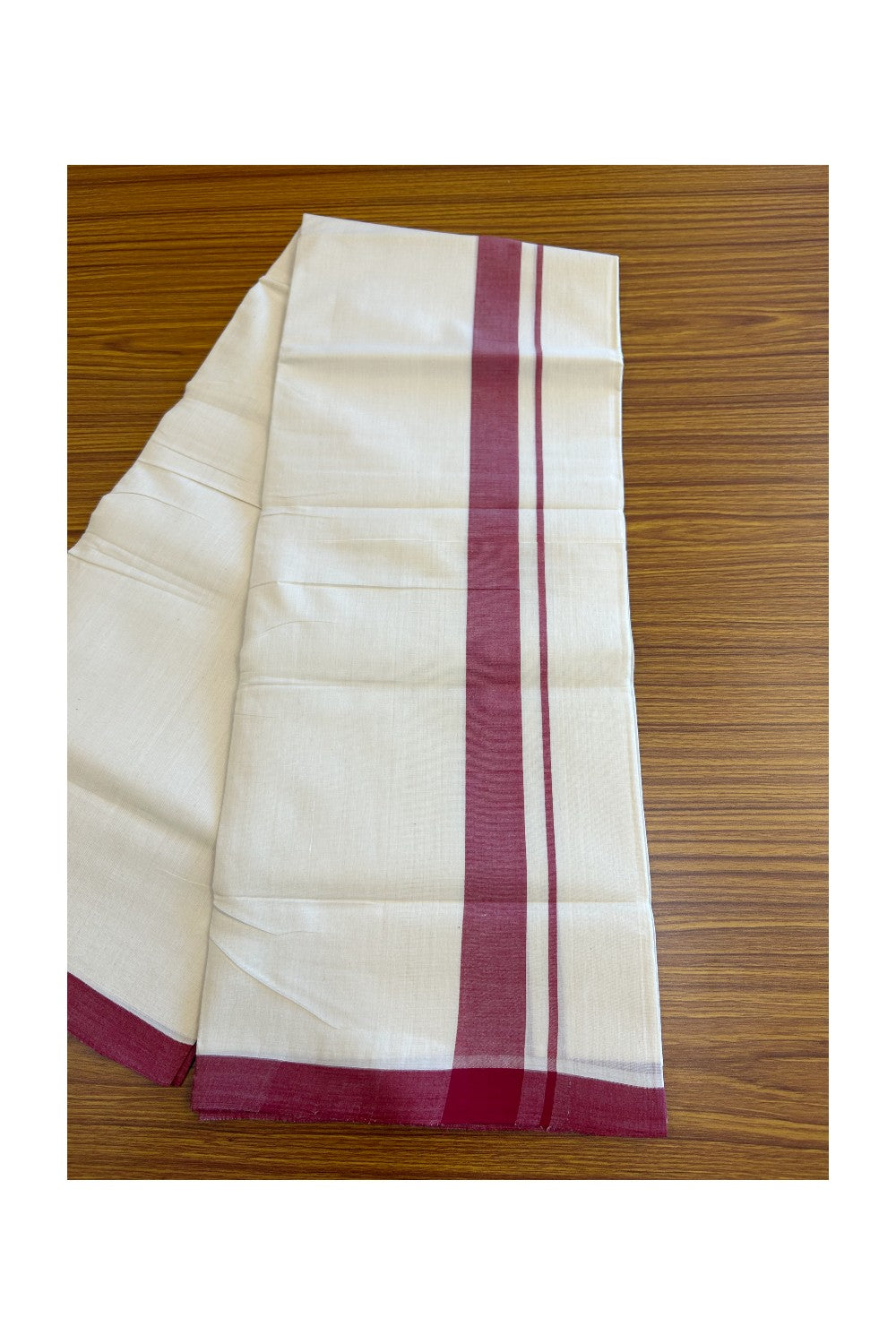 19% Discount! KaithariKada HANDLOOM UNAKKUPAAV Balaramapuram - 100% Cotton Double OFF White (Unbleached) - Mundu/Dhoti - 100x100 2 inch Mraroon Kara - 8KK5096YAR