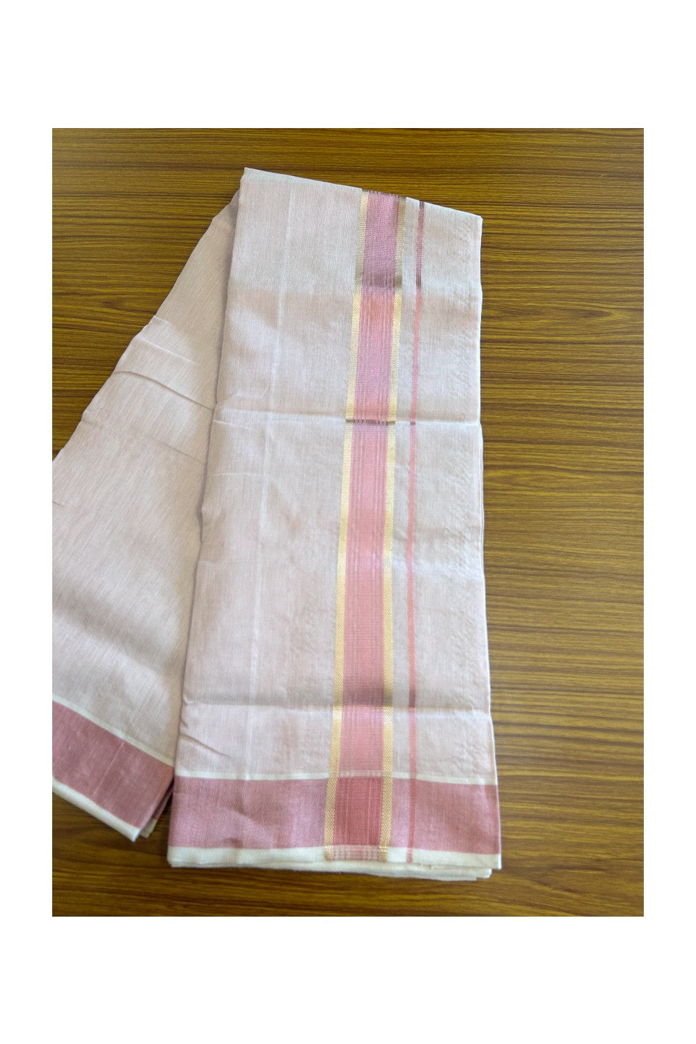 30% DISCOUNT! KaithariKada HANDLOOM Millpaav Balaramapuram - 100% PURE Cotton Off White (Unbleached) - Double Mundu/Dhoti - 2.75 inch Gold Kasavu Kara & Pink Tissue Body- 9KK5105RAM