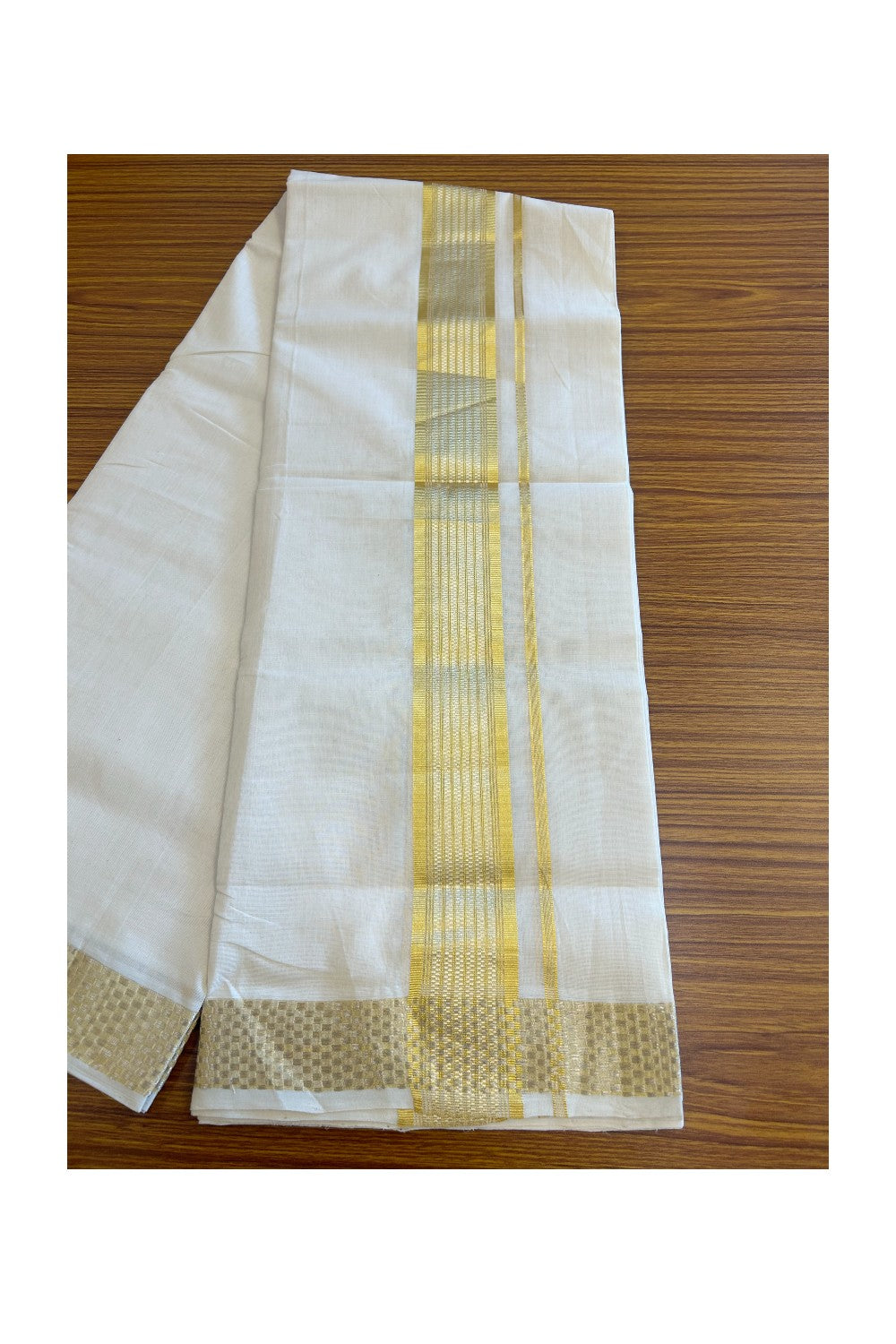 30% DISCOUNT ! KaithariKada HANDLOOM Unakkupaav Balaramapuram - 100% PURE Cotton Off White - (Unbleached) Double Mundu/Dhoti - 3 inch Gold Kasavu & Silver Shaded Striped Design Kara - 9KK5107ABH