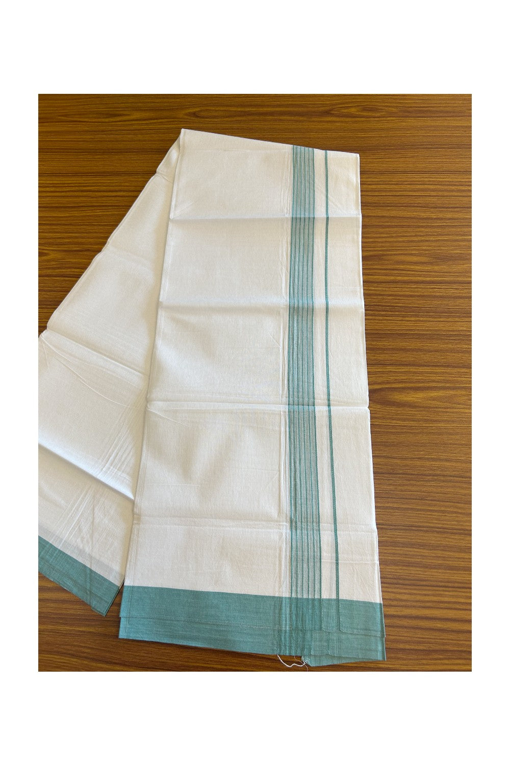 8% Discount ! Kaitharikada Balaramapuram 100% Cotton PURE WHITE SINGLE Mundu/Dothi- 1.75 inch Turquoise Green Striped Kara (2 meter / 4 muzham) - 9KK5018GAN