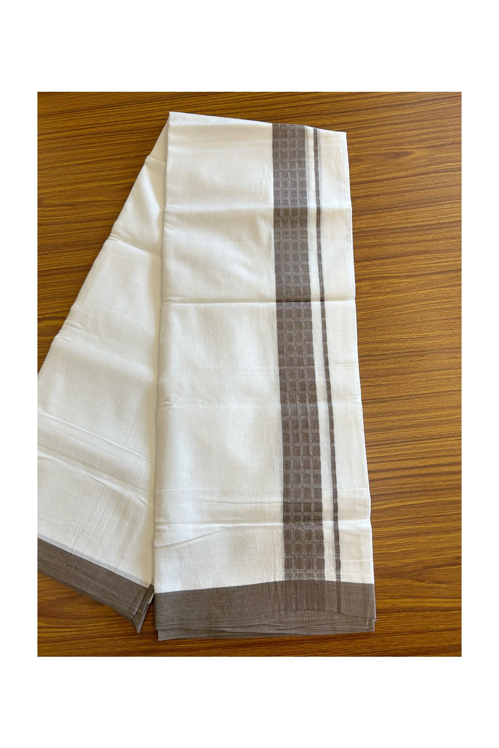 20% DISCOUNT! KaithariKada Balaramapuram 100% Cotton PURE WHITE Double Mundu/Dhoti - 100x80 - 1.75 inch Brown design kara - 9KK5109THI