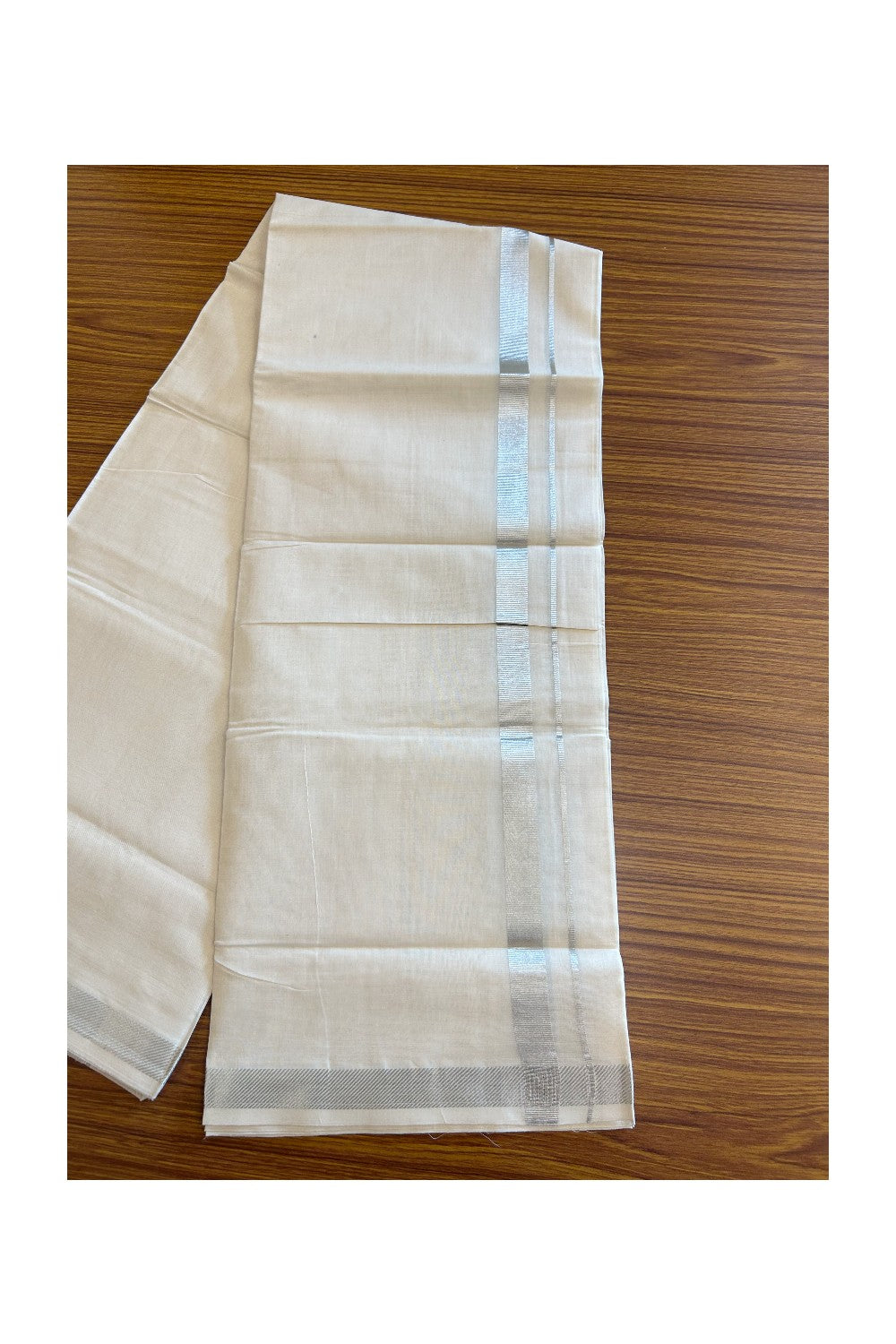 19% DISCOUNT! KaithariKada Balaramapuram 100% Cotton  Off white (Unbleached) Double Mundu/Dhoti-100x100 0.75 inch Silver Kasavu kara - 9KK5110THI