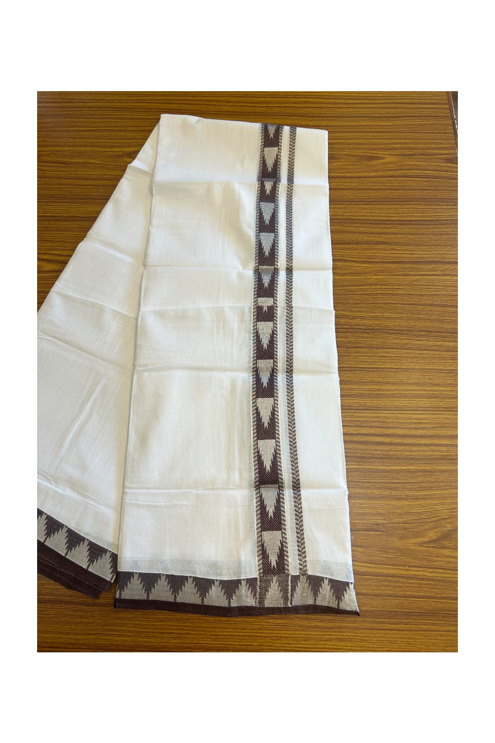 20% DISCOUNT! KaithariKada Balaramapuram 100% Cotton Double PURE white Mundu/Dhoti - 100x80 - 2 Inch Brown & Silver kasavu Temple Design Kara - 9KK5118PMC