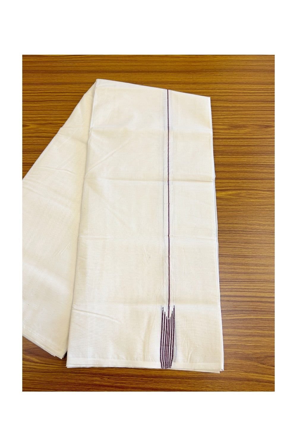 19% DISCOUNT ! KaithariKada 100% Cotton OFF WHITE - (Unbleached) Double Dhoti/Mundu- 100x100 -2 cm 6 Line Puliyilakkara Purple & Silver Kara 4.50 m- 9KK5133ASH