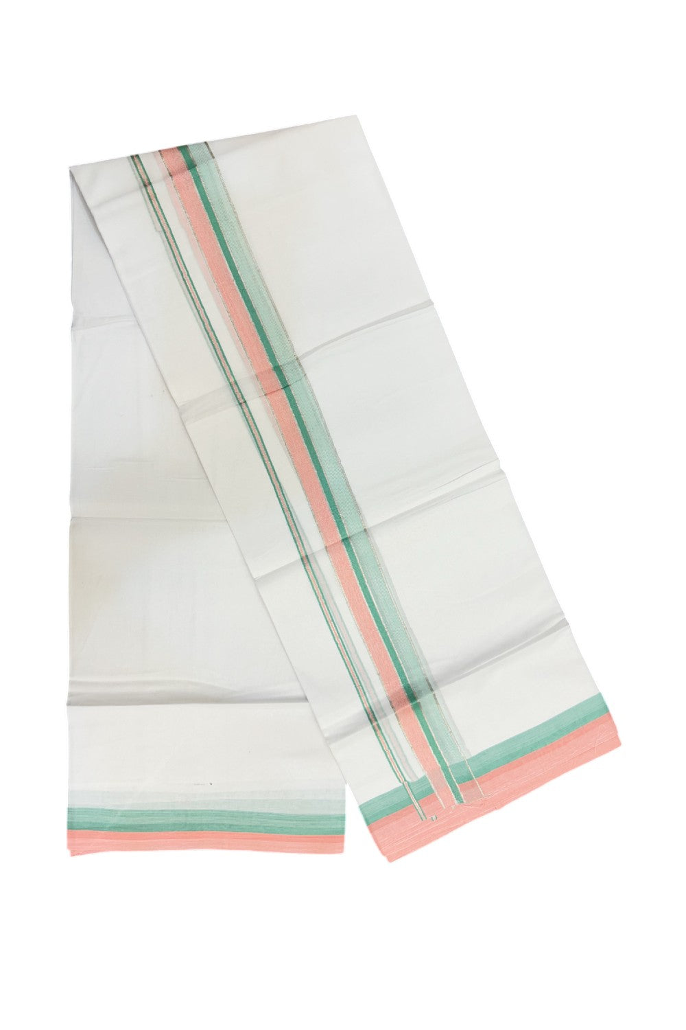 19% Discount !! KaithariKada Balaramapuram Double PURE WHITE Mundu/Dhoti- 100x80 - 1.5 inch Green Pink Kara Silver Striped kara - 9KK5143PMC