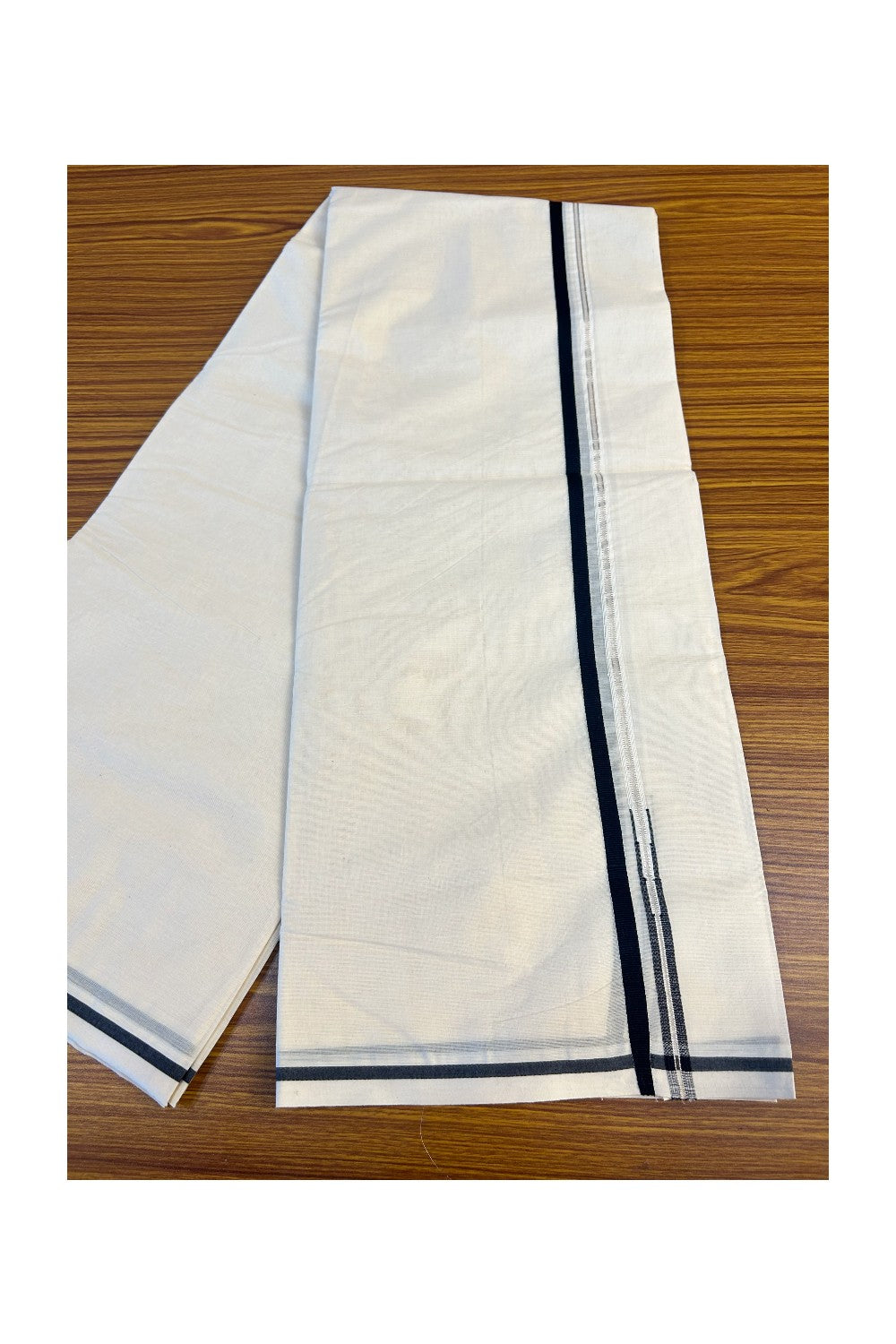 21% OFFER ! KaithariKada Balaramapuram 100% Cotton Double OFF WHITE (Unbleached) - Mundu/Dhoti-100x100  Puliyilakkara Chutty Black & SILVER Kasavu - 9KK67RAM