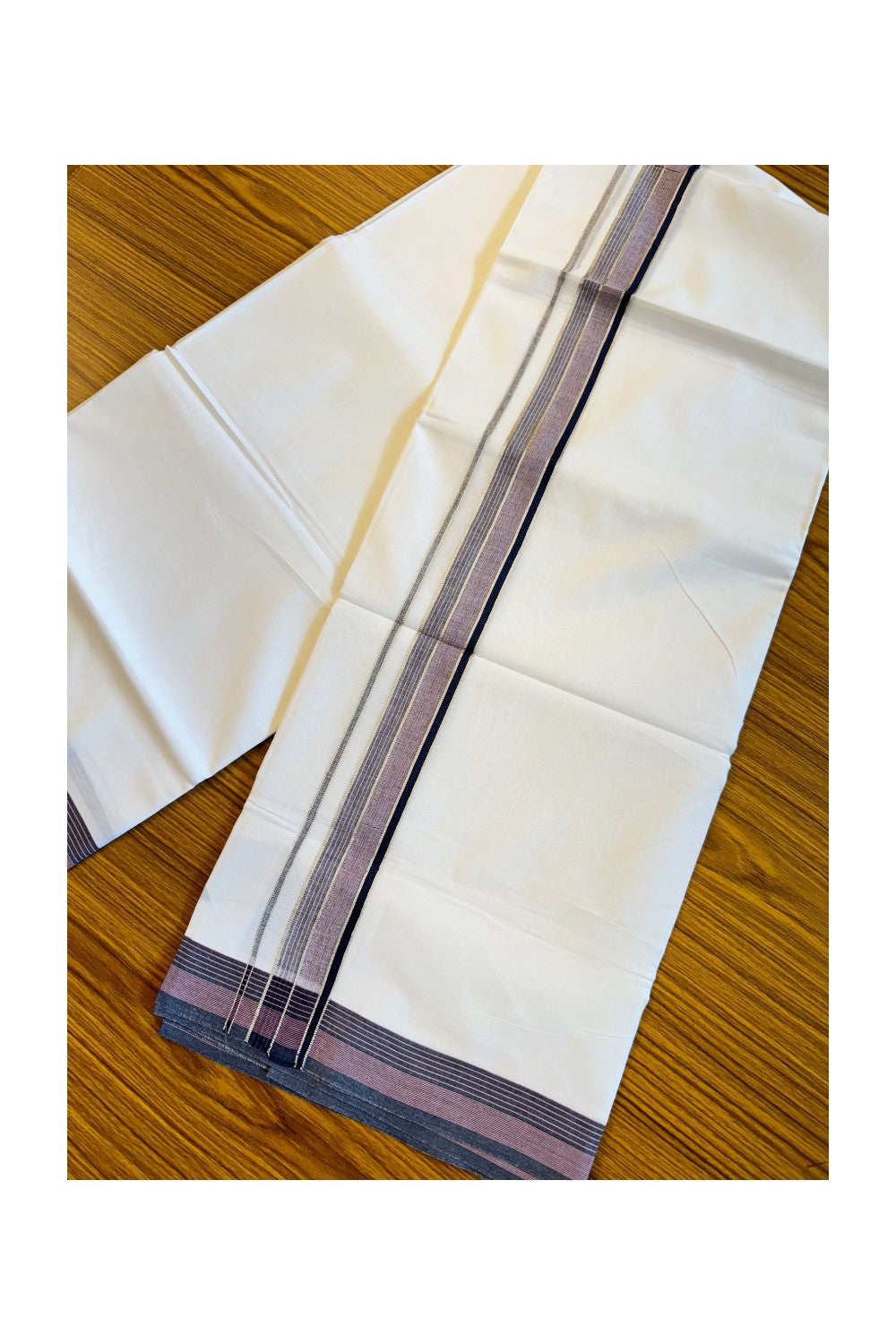 19% DISCOUNT!!! KaithariKada Balaramapuram 100% Cotton Double PURE white Mundu/Dhoti-100x100  2 Inch Silver kasavu pink stripes & Navy blue+pink shaded Kara  - 9KK83VIN