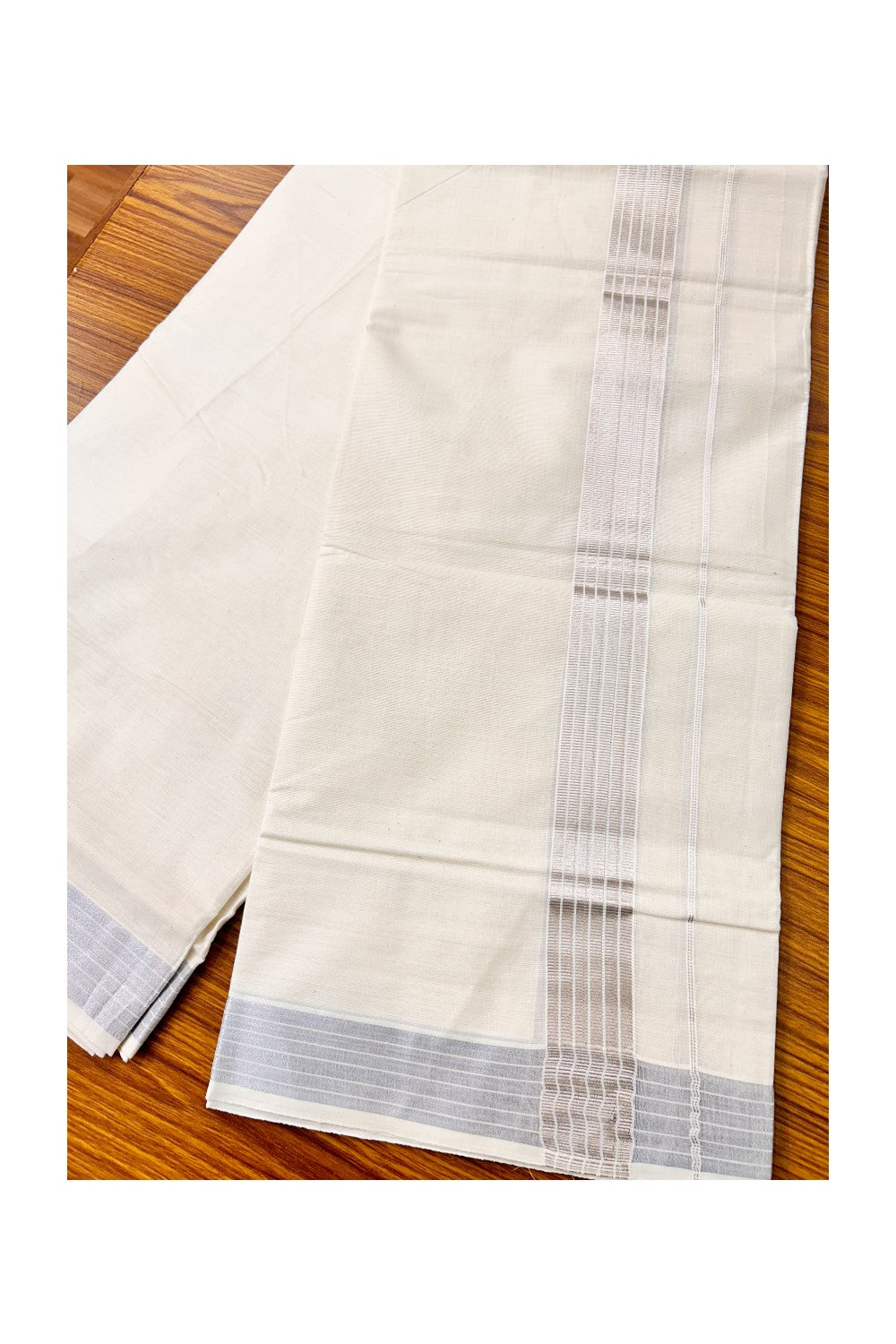 10% DISCOUNT! KaithariKada Balaramapuram 100% Cotton Double Off white Mundu/Dhoti-80X72- 2.5 inch Stripes SILVER Kasavu Kara-9VIN