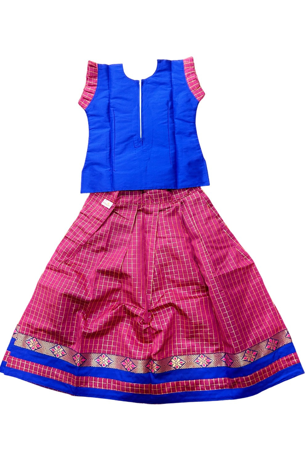 Midukki-Traditional South Indian Kids Pattu Pavada- Blue top pink check skirt - Age 7 - KK7MID009