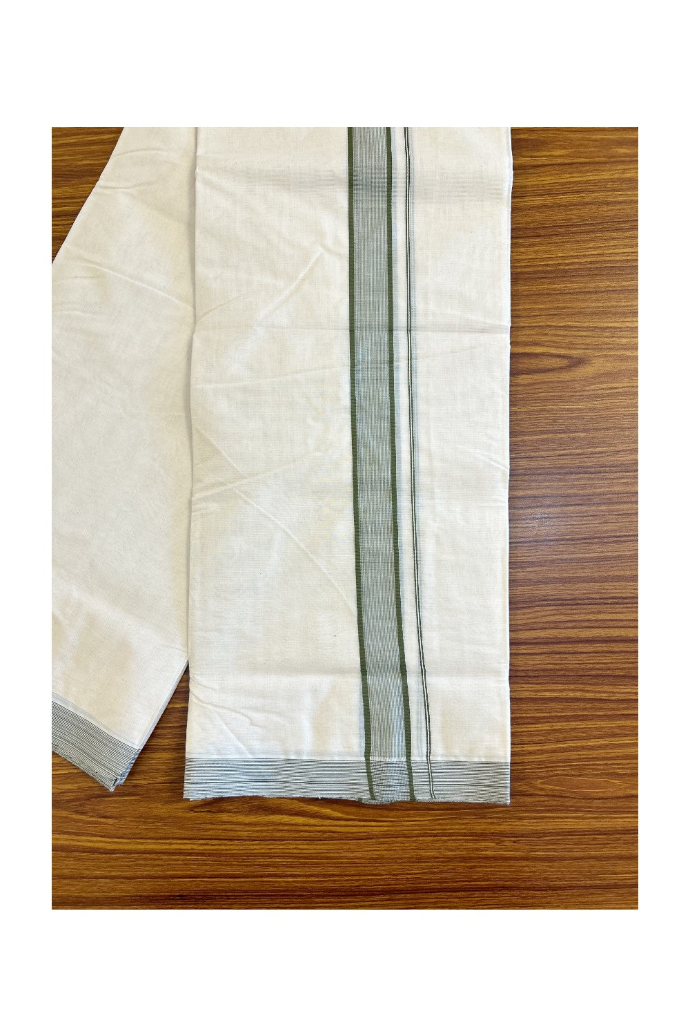 37% DISCOUNT! KaithariKada Balaramapuram 100% Cotton Double Off white Mundu/Dhoti-100x100 LIGHT SAGE GREEN 2 inch  Stripes Kara- 9KK417ASH