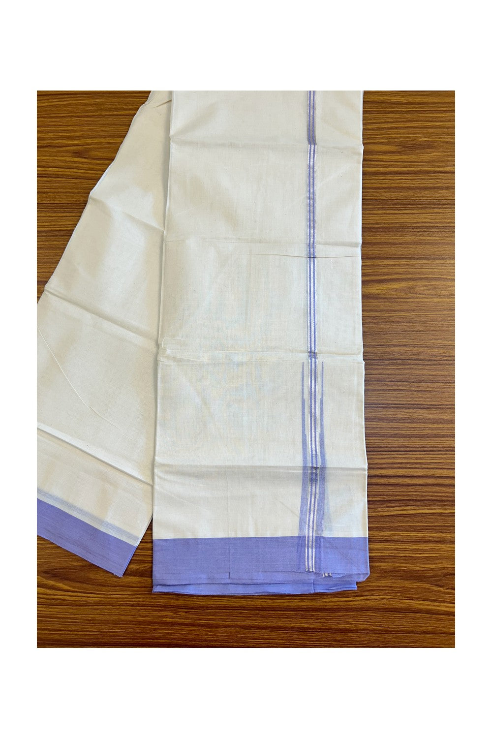 15% DISCOUNT ! KaithariKada Balaramapuram 100%  Cotton off white (Unbleached) Double  Mundu/Dhoti - 100X100  Puliyilakkara Silver kasavu Lavender striped chutty - 9KK447VIN