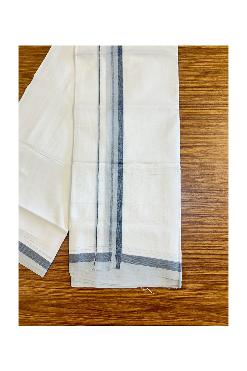 26% DISCOUNT!!! KaithariKada Balaramapuram 100% Cotton PURE white Double Mundu/Dhoti-100x90   2.25 Inch Ash Gray & Navy Blue shaded stripes kara  - 9KK448VIN