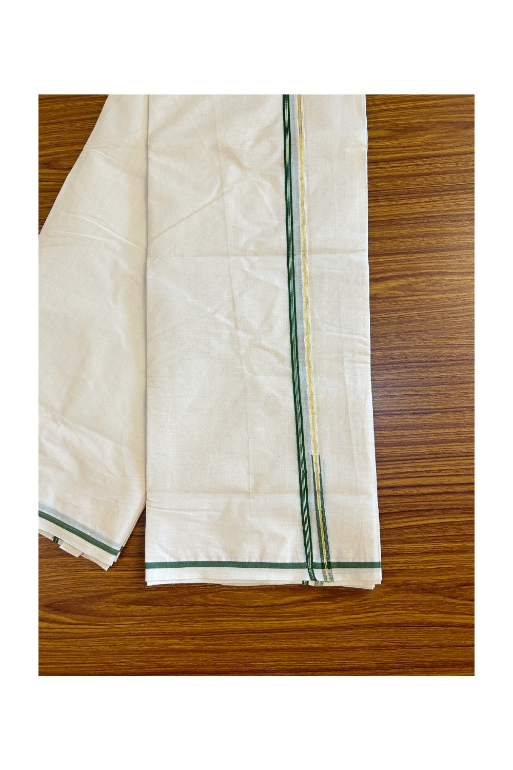 32% Discount Latest!! KaithariKada Balaramapuram 100% Cotton  Off white (Unbleached) Double Mundu/Dhoti-100x100 1.cm  Puliyilakkara Green Striped kara & Kasavu Chutty - 13KK455ASH