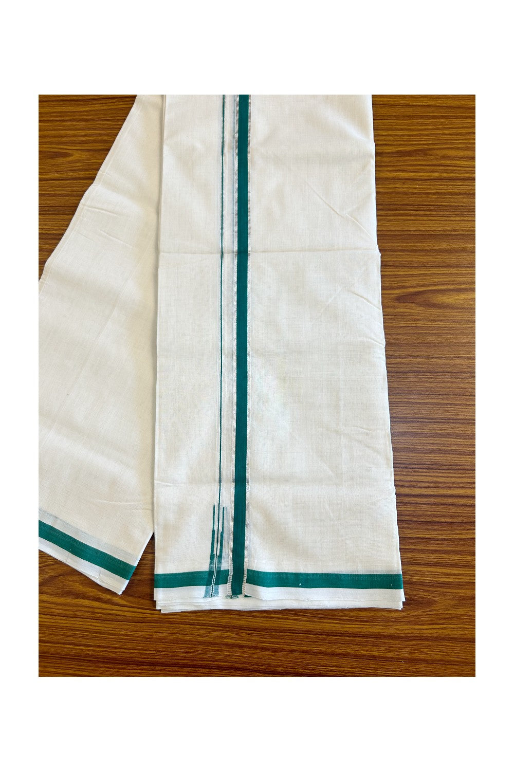 15% Discount!!! KaithariKada HANDLOOM UNAKKUPAAV Balaramapuram - 100% PURE Cotton off white (Unbleached) Double Mundu/Dhoti - 2 cm Silver kasavu & green puliyilakkara chutty - 9KK458SOM