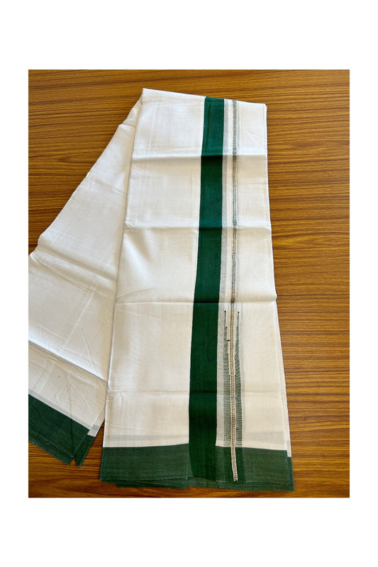 Kaitharikada  Balaramapuram 100% Pure Cotton PURE WHITE Double Mundu/Dothi - 80x92 - 1.5 Inch Dark Green & Silver Chutty kara - 9KK5022VAN