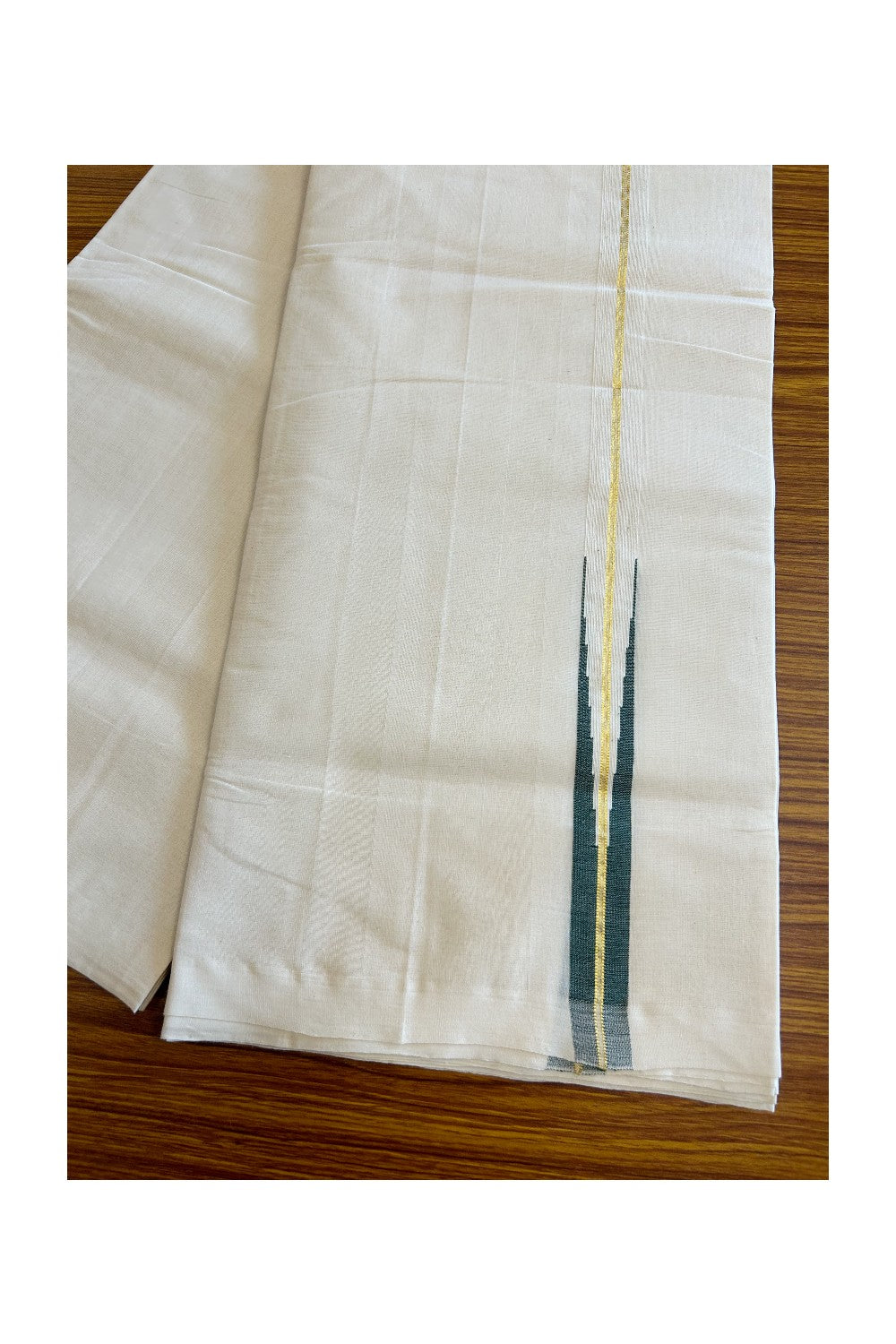 8% DISCOUNT!! KaithariKada HANDLOOM Millpaav Balaramapuram - 100% PURE Cotton OFF White - (Unbleached) Double Mundu/Dothi - 2 cm puliyilakkara Kasavu & Dark green chutty - 9KK5029RAM