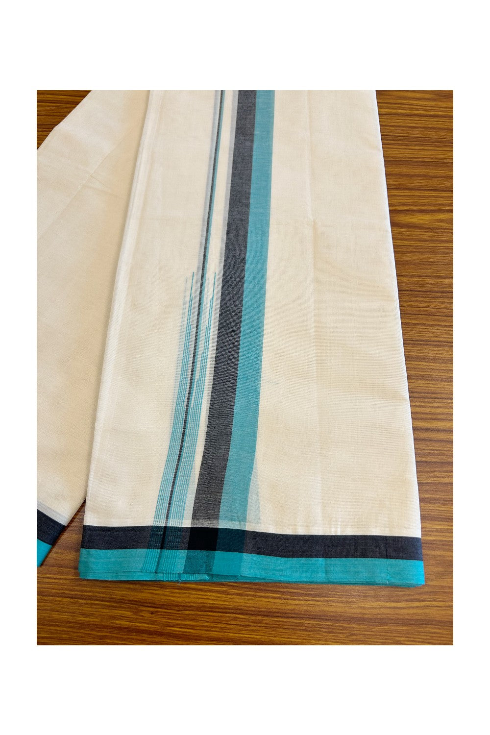 5% Discount!!! KaithariKada Balaramapuram  Double Off white - (Unbleached) Mundu/Dhoti - 80X90 - 1.75 inch Black & Turquoise green shaded puliyilakkara striped chutty - 9KK5037KAI