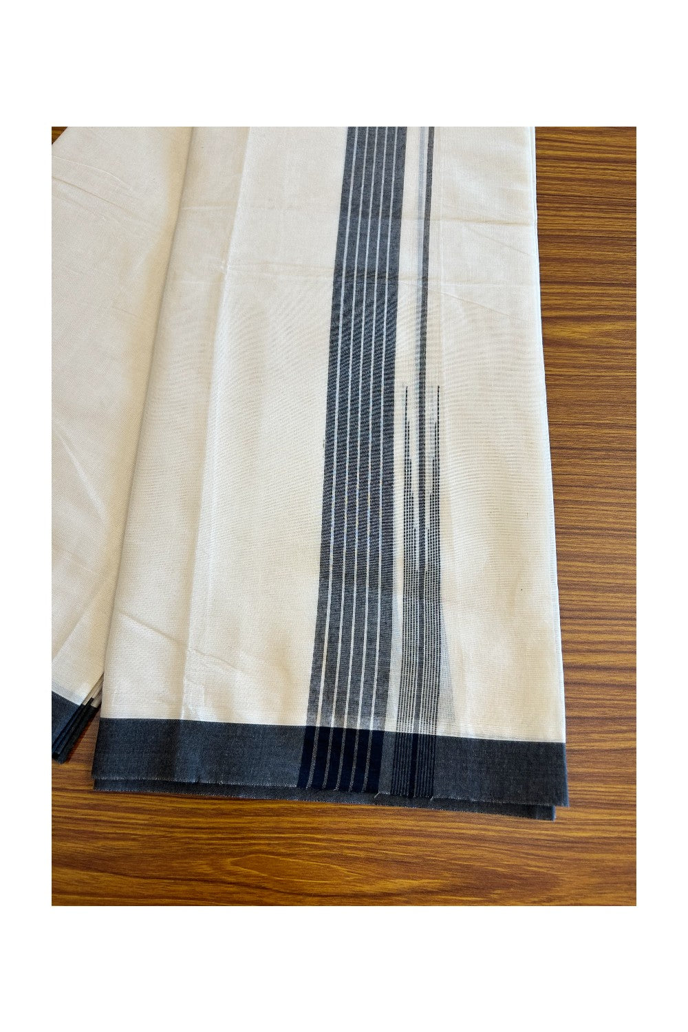 5% Discount!!! KaithariKada Balaramapuram  Double Off white - (Unbleached) Mundu/Dhoti - 80X90 - 1.75 inch Black Silver Striped puliyilakkara chutty Striped Kara- 23KK5037KAI